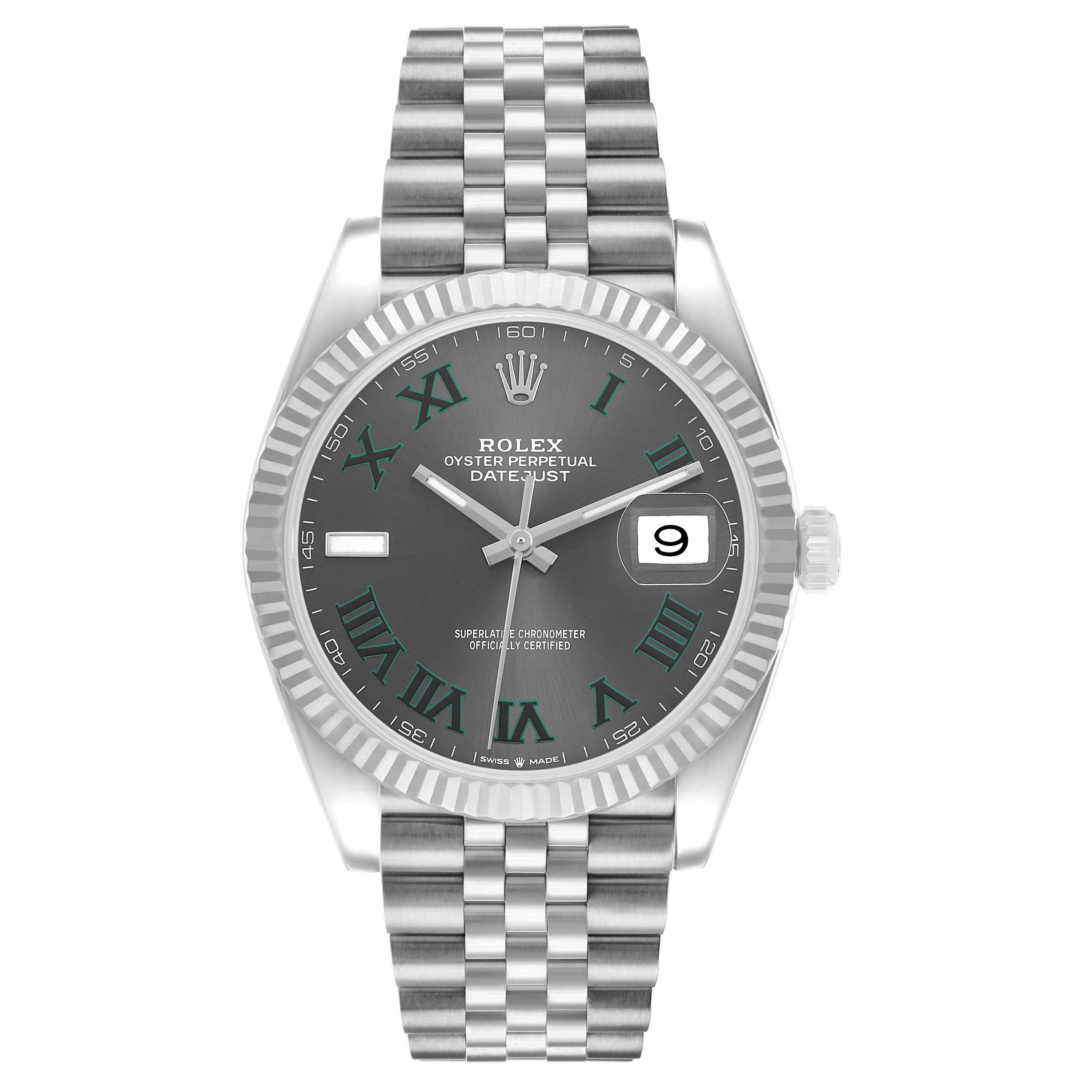 The Rolex Datejust 41 126334 Men's Stainless Steel Grey Dial is shown from a front angle, displaying the dial, bezel, and part of the bracelet.