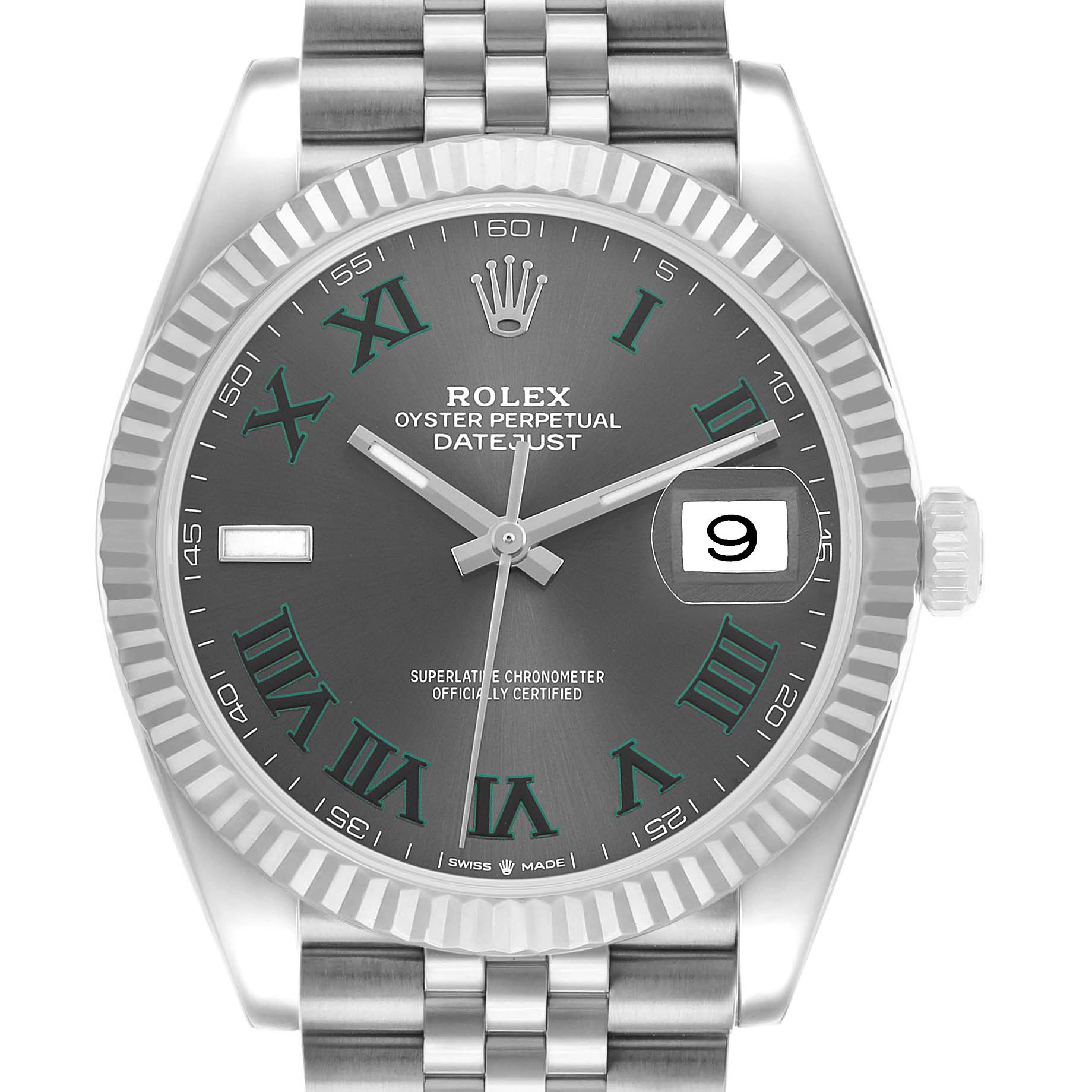 The Rolex Datejust 41 126334 Men's Stainless Steel Grey Dial is shown from a front angle, highlighting the dial, fluted bezel, and Jubilee bracelet.