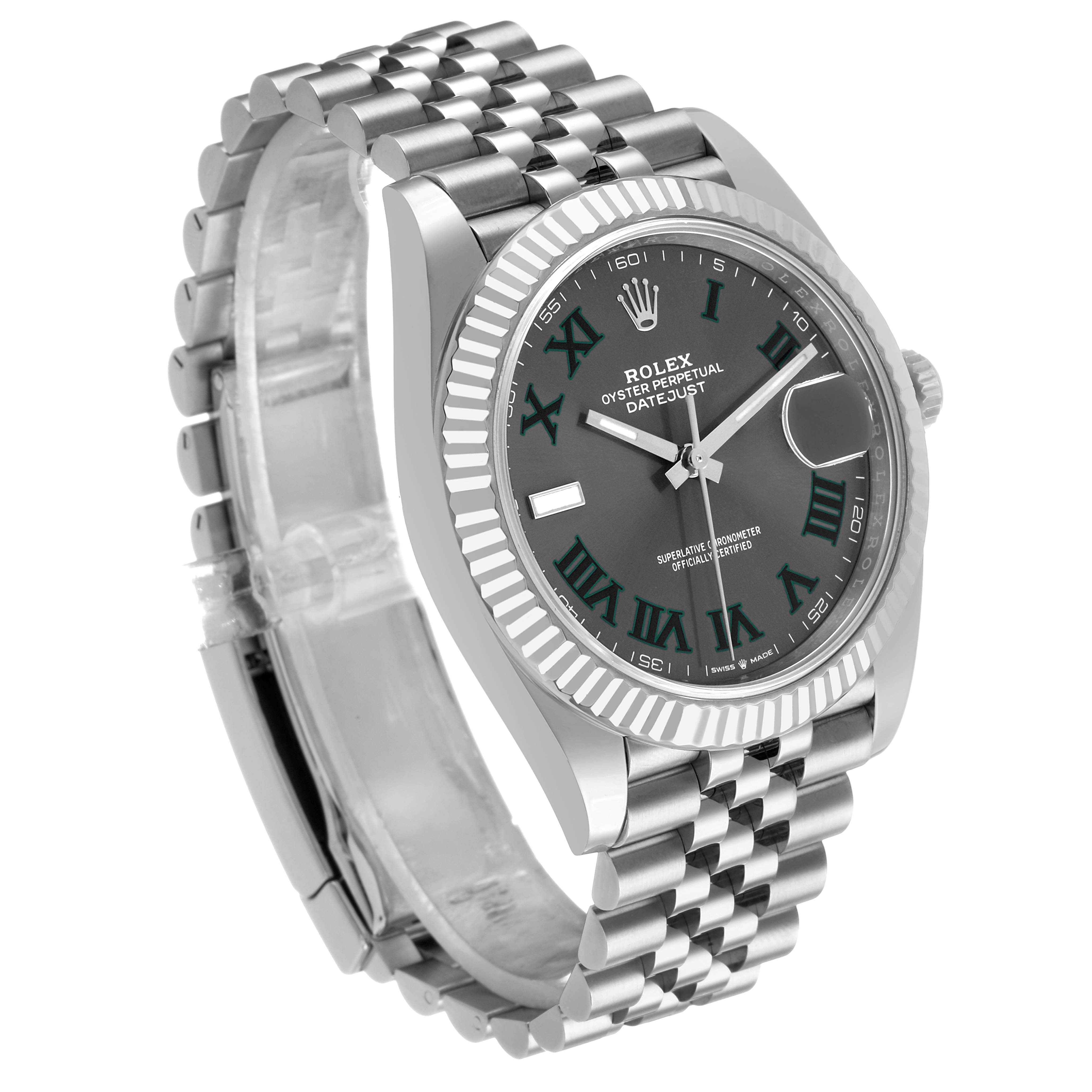 The Rolex Datejust 41 126334 Men's Stainless Steel Grey Dial is shown at a three-quarter angle, highlighting the watch face, fluted bezel, and Jubilee bracelet.