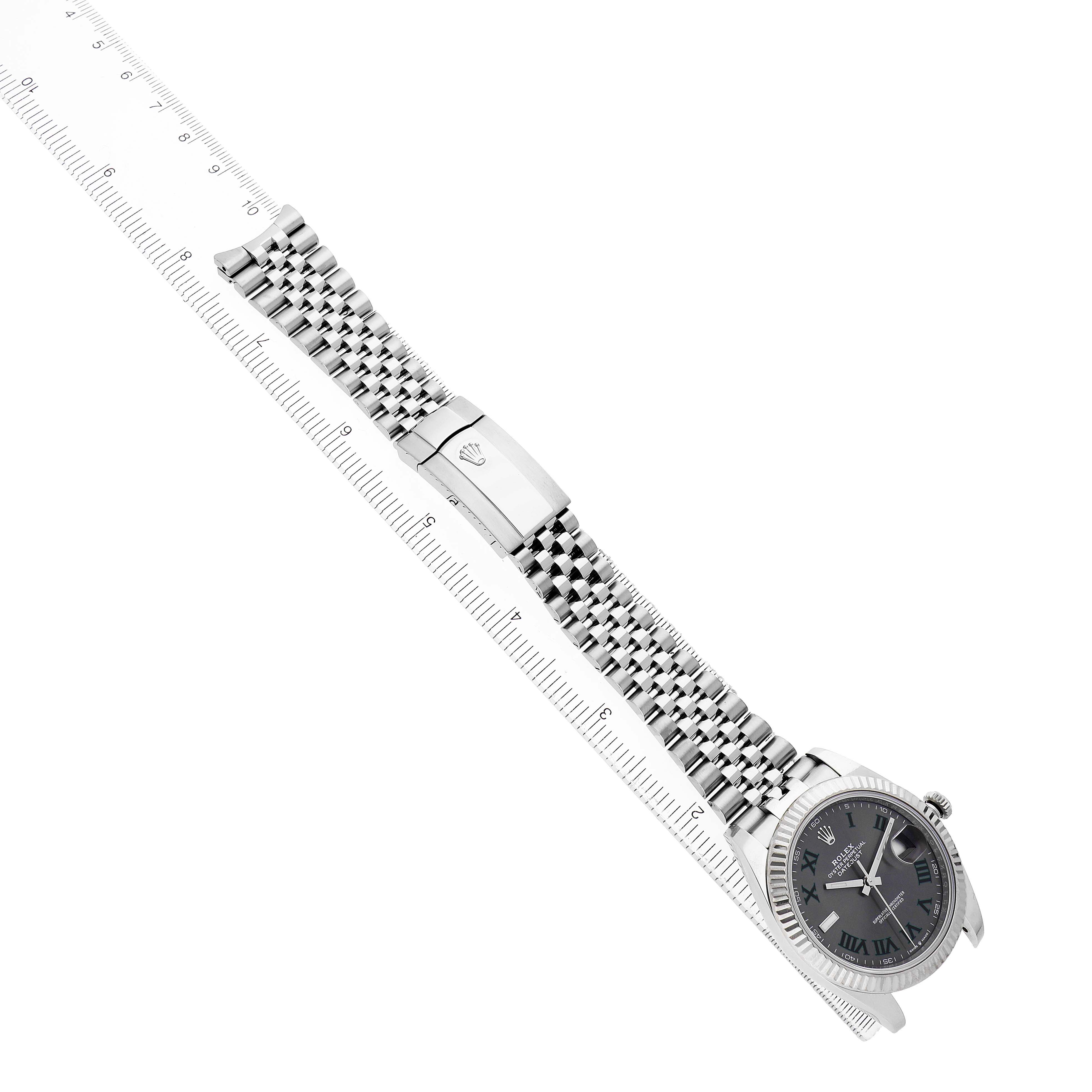 The Rolex Datejust 41 126334 Men's Stainless Steel Grey Dial watch is shown at a diagonal angle, displaying the face, crown, and bracelet with the clasp visible.