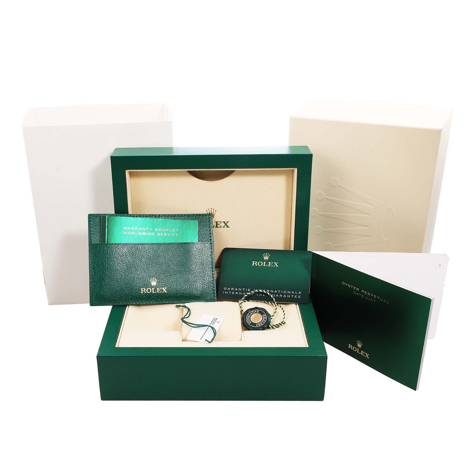 The image shows the box and accessories for a Rolex Datejust 41 126334 Men's Stainless Steel Grey Dial, including the warranty card, booklet, and hang tag.