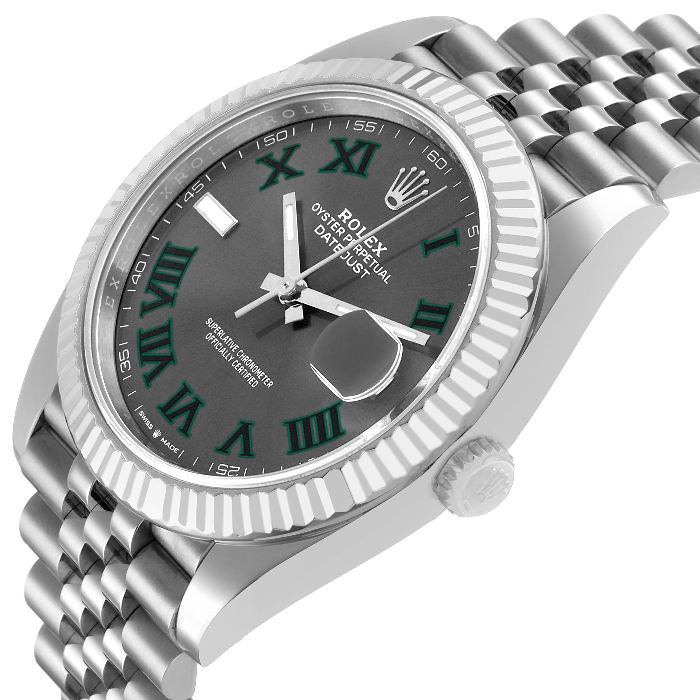 The Rolex Datejust 41 126334 Men's Stainless Steel Grey Dial is shown at a slight angle, highlighting the dial, fluted bezel, and part of the bracelet.