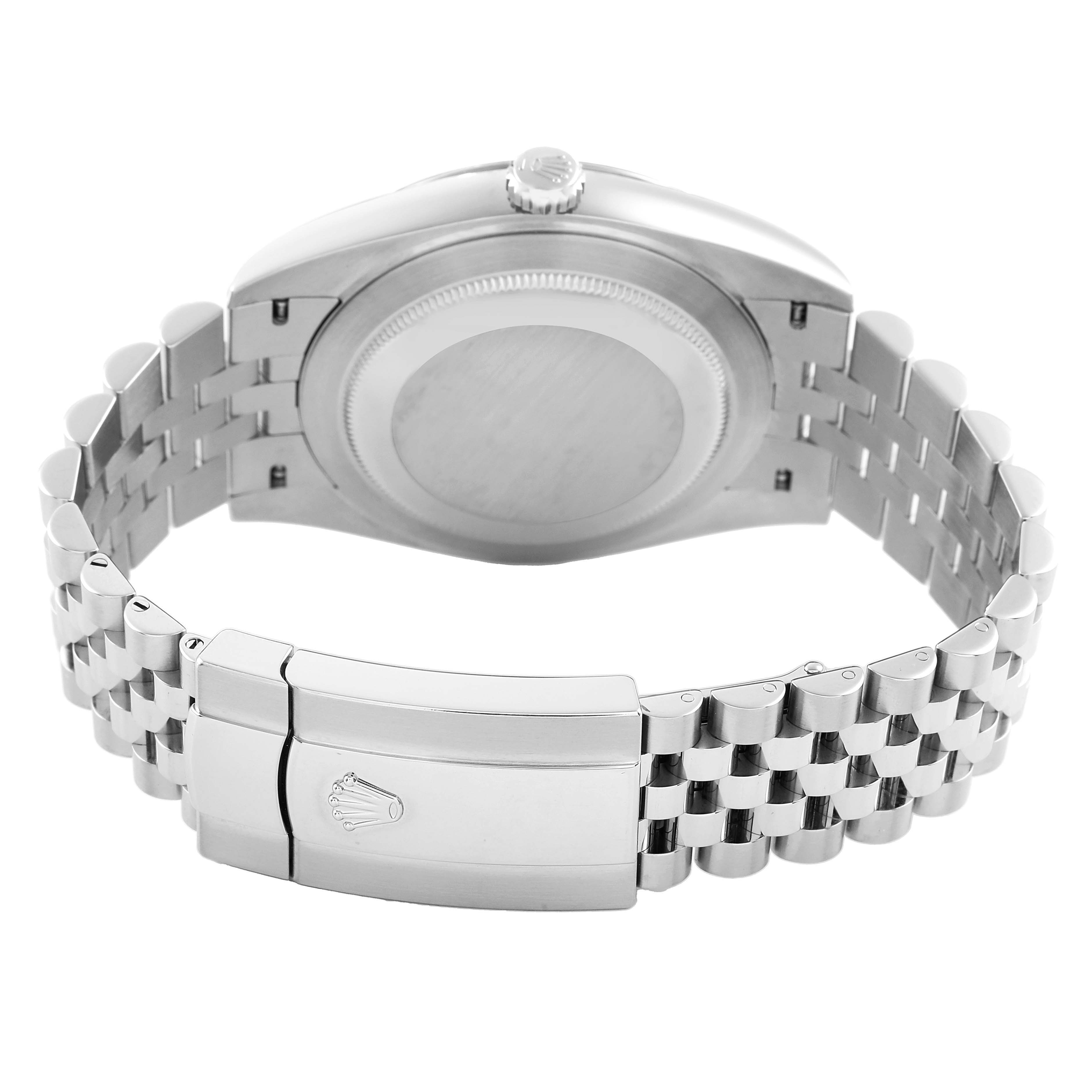 The image shows the back case and bracelet of a Rolex Datejust 41 126334 Men's Stainless Steel Grey Dial, highlighting the clasp and links.