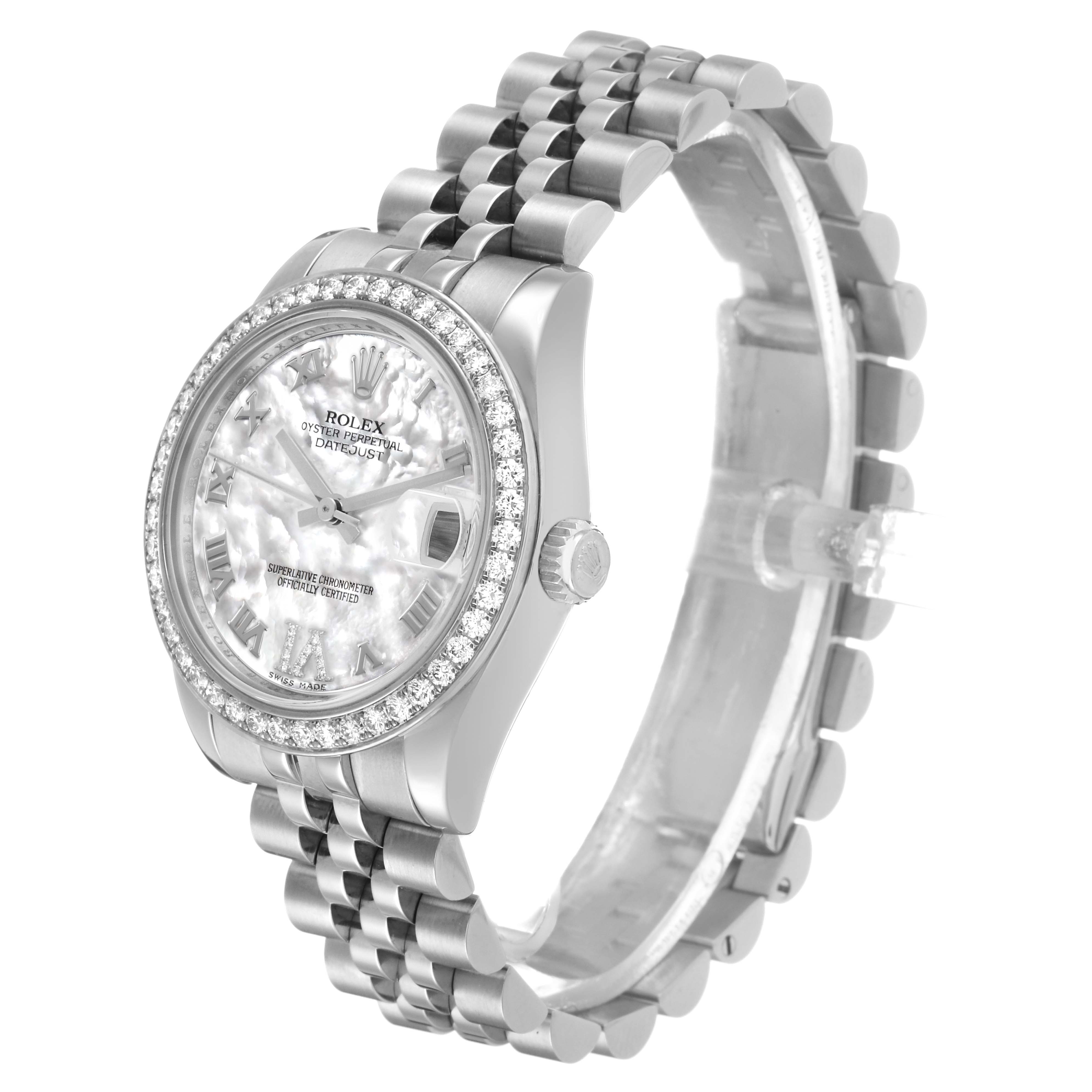The Rolex Datejust 178384 Women's Stainless Steel Mother of Pearl Dial watch is shown from an angled side view, highlighting the bezel, dial, and bracelet.