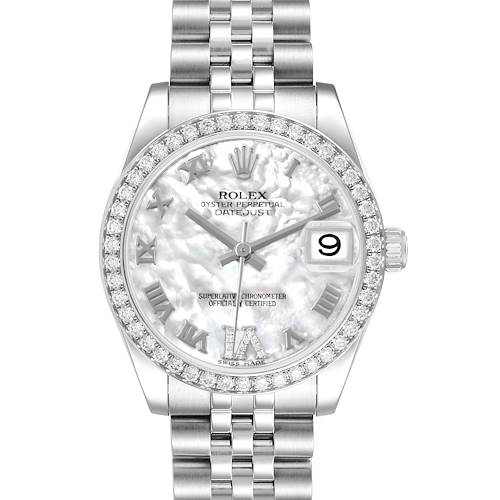 The Rolex Mid-Size 178384 Women's Stainless Steel Mother of Pearl Dial watch is shown from the front, displaying its face, bezel, and part of the bracelet.