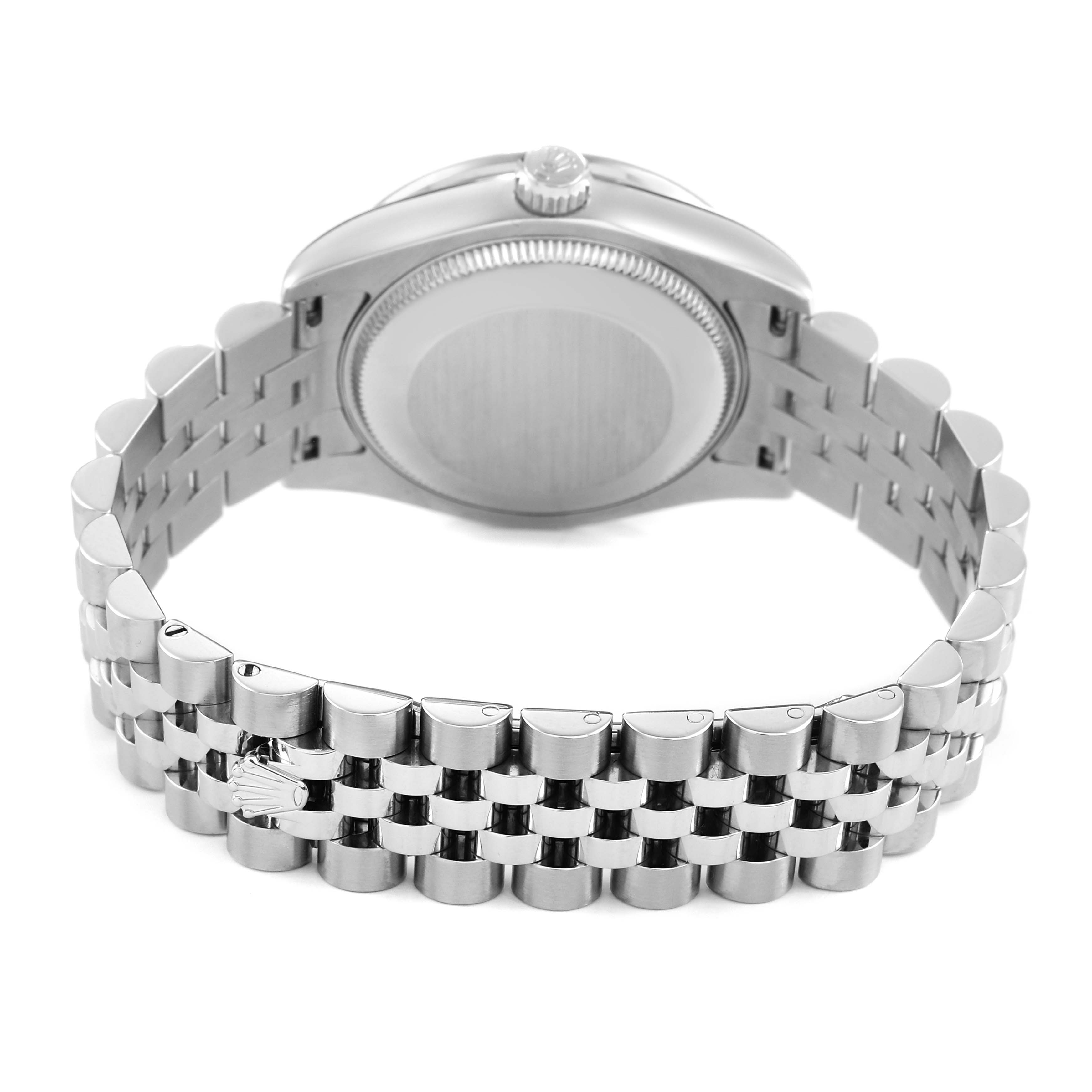 The image shows the back and bracelet of a Rolex Datejust 178384 Women's Stainless Steel Mother of Pearl Dial, highlighting the crown, caseback, and Jubilee bracelet.