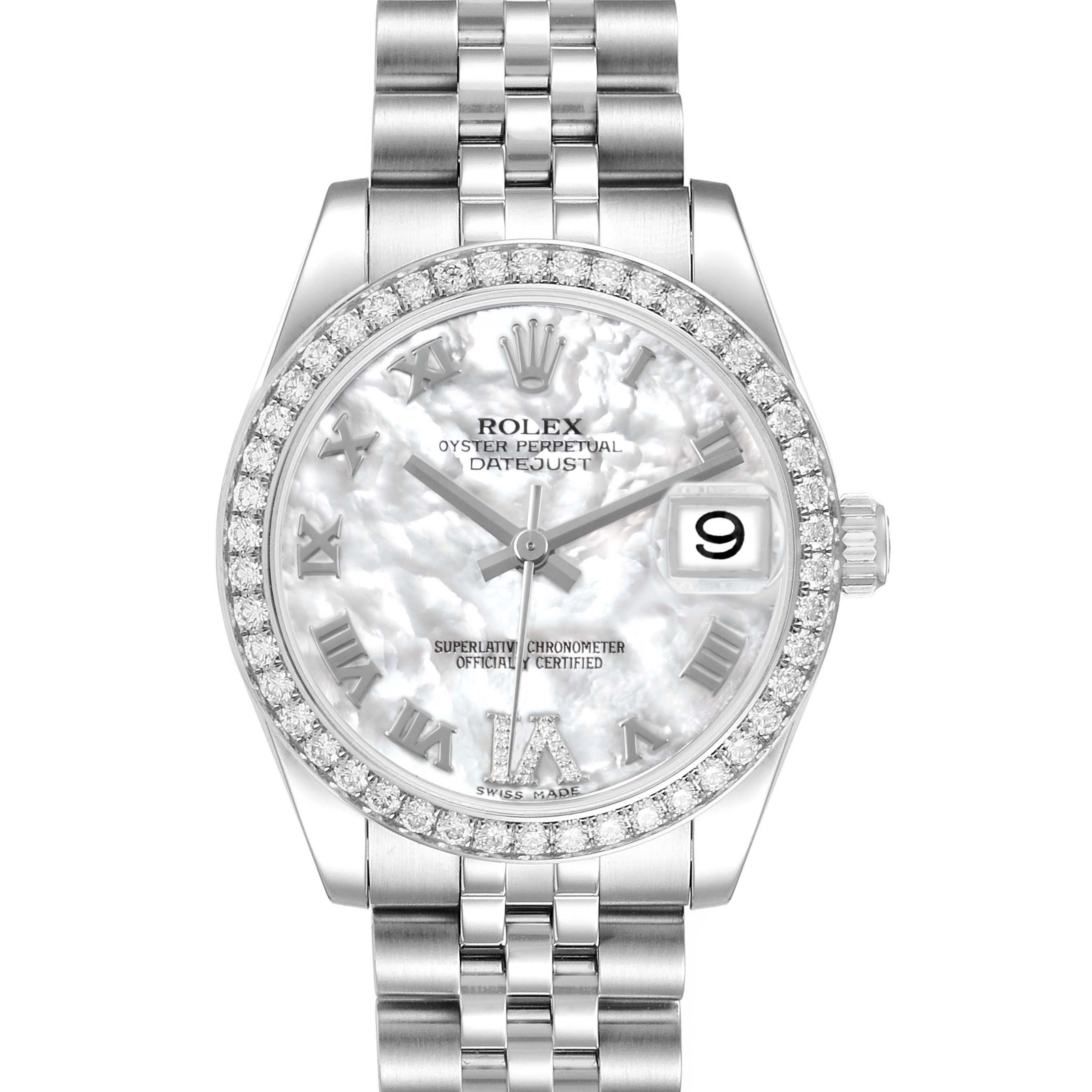 The Rolex Mid-Size 178384 Womens Stainless Steel Mother of Pearl Dial model is shown from a front angle, highlighting the face, bezel, and bracelet.