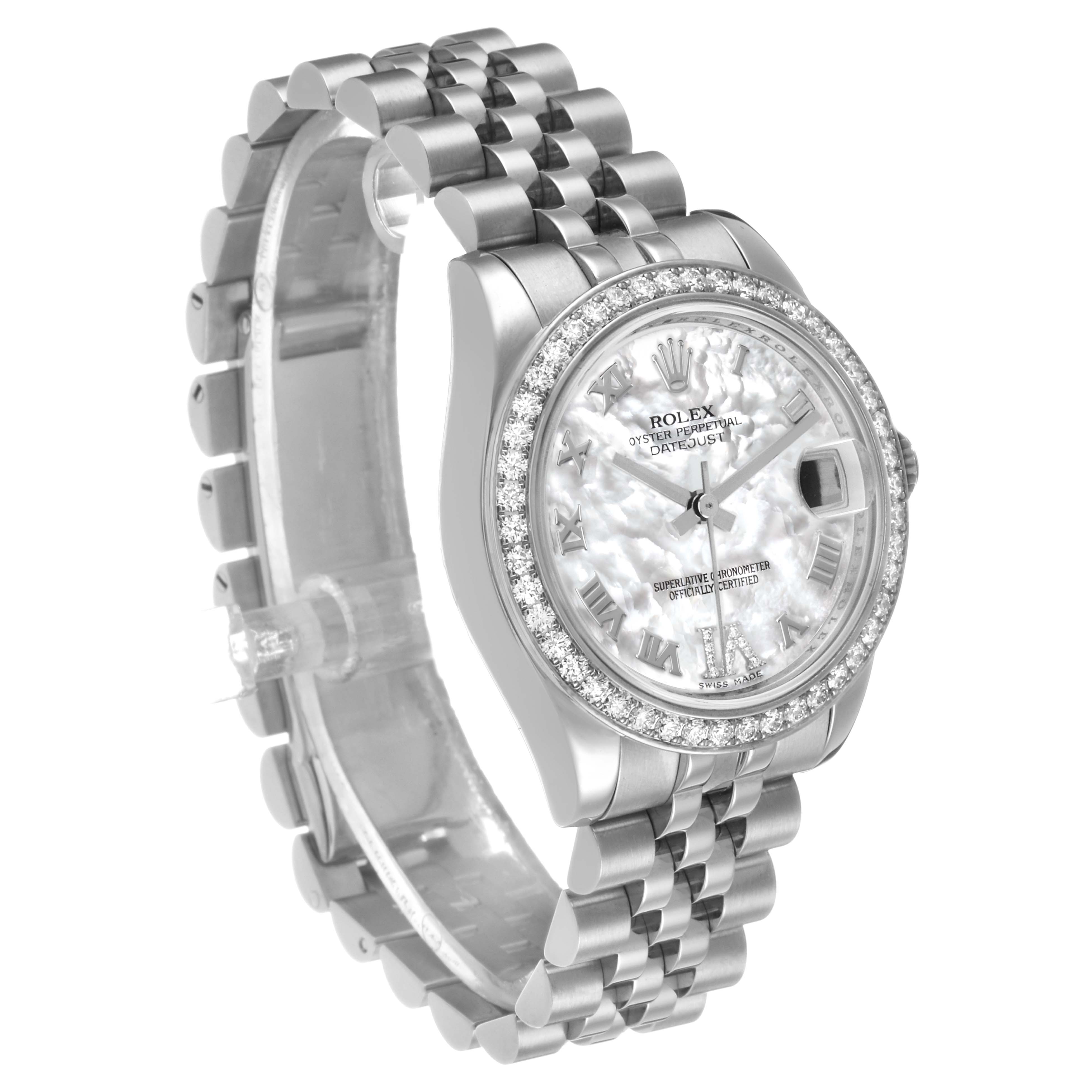 The Rolex Datejust 178384 Women's Stainless Steel Mother of Pearl Dial watch is shown at a three-quarter angle, displaying the bezel, dial, bracelet, and watch case.