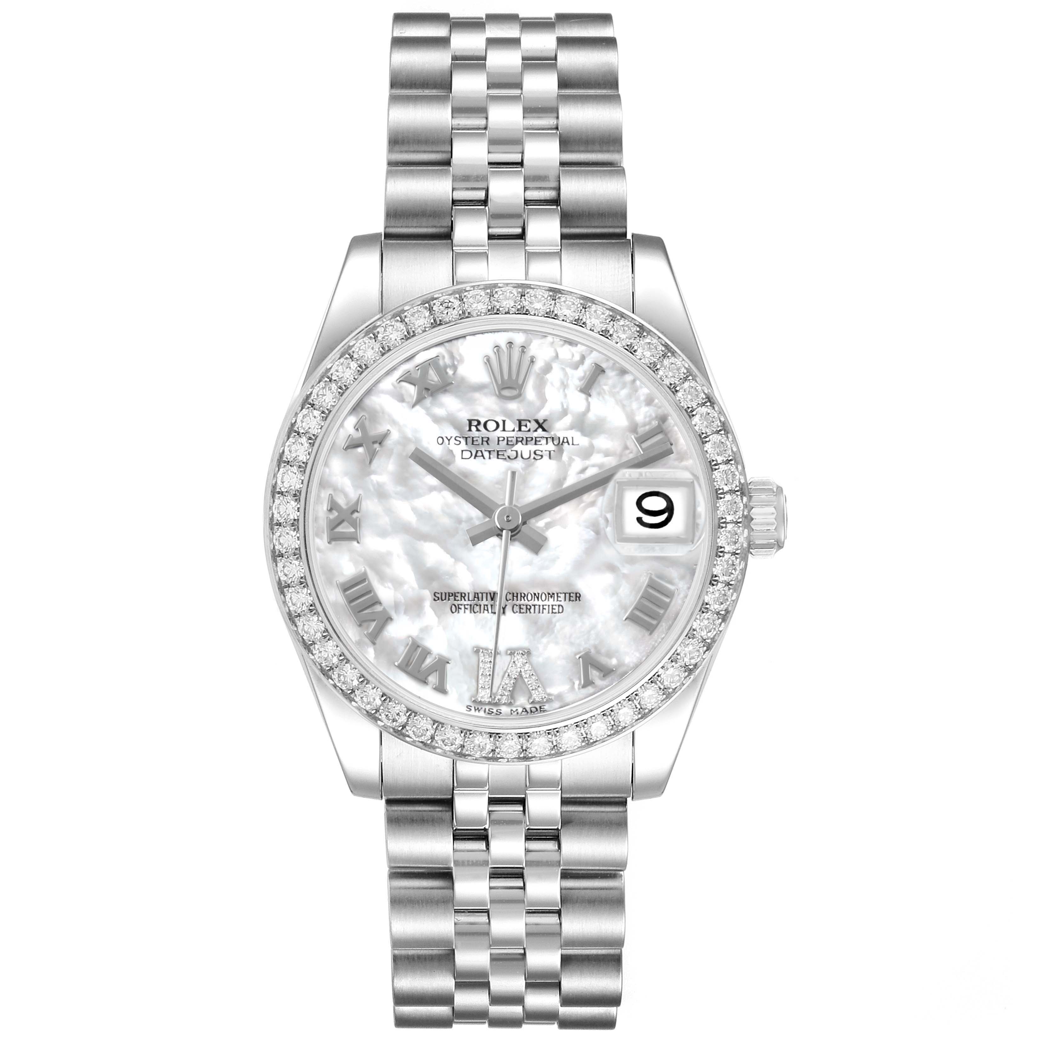 The Rolex Mid-Size 178384 Womens Stainless Steel Mother of Pearl Dial Datejust watch is shown from the front, highlighting its bracelet, dial, case, bezel, and crown.