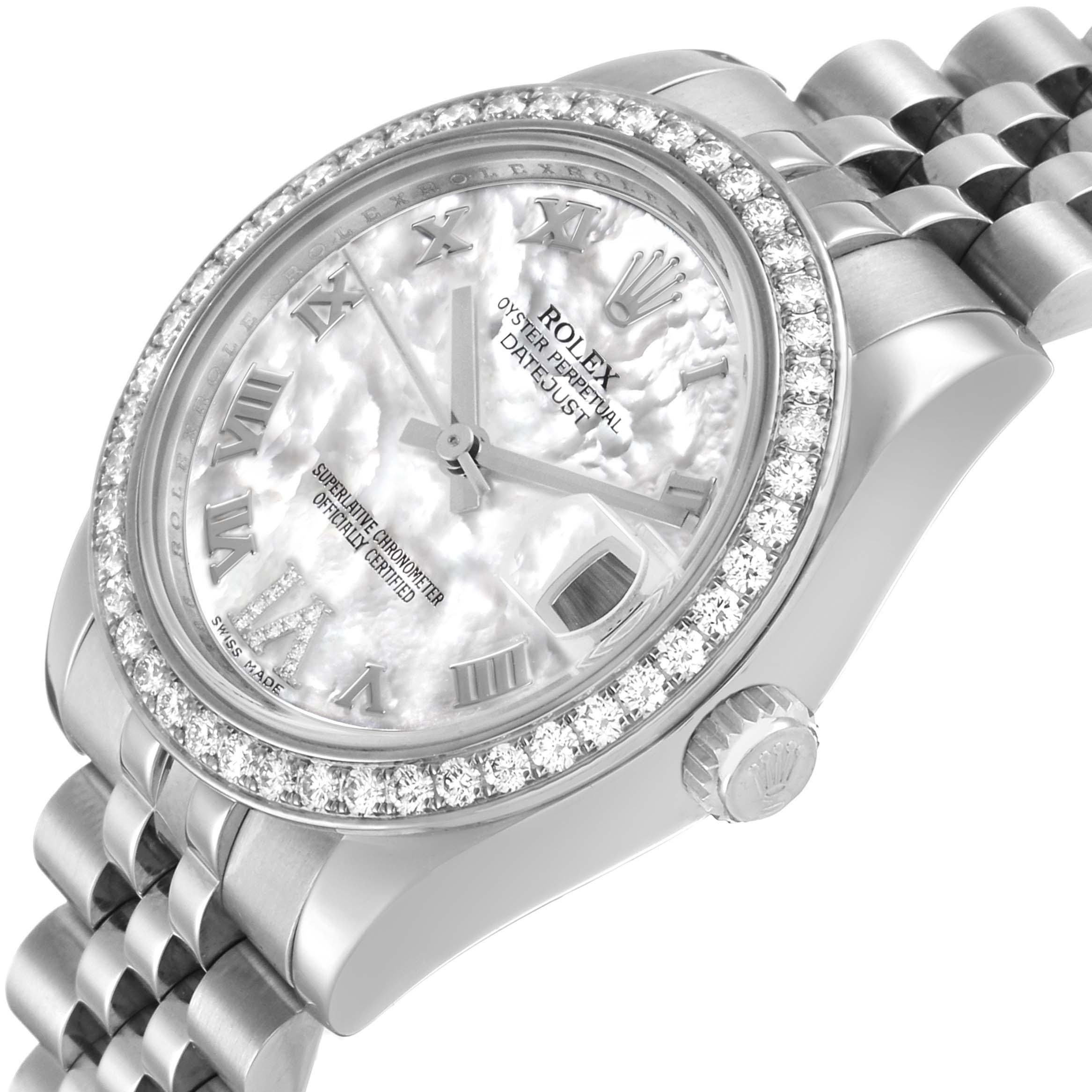 The Rolex Datejust 178384 Women's Stainless Steel Mother of Pearl Dial watch is shown at an angled side view, displaying the case, diamond bezel, crown, and part of the bracelet.