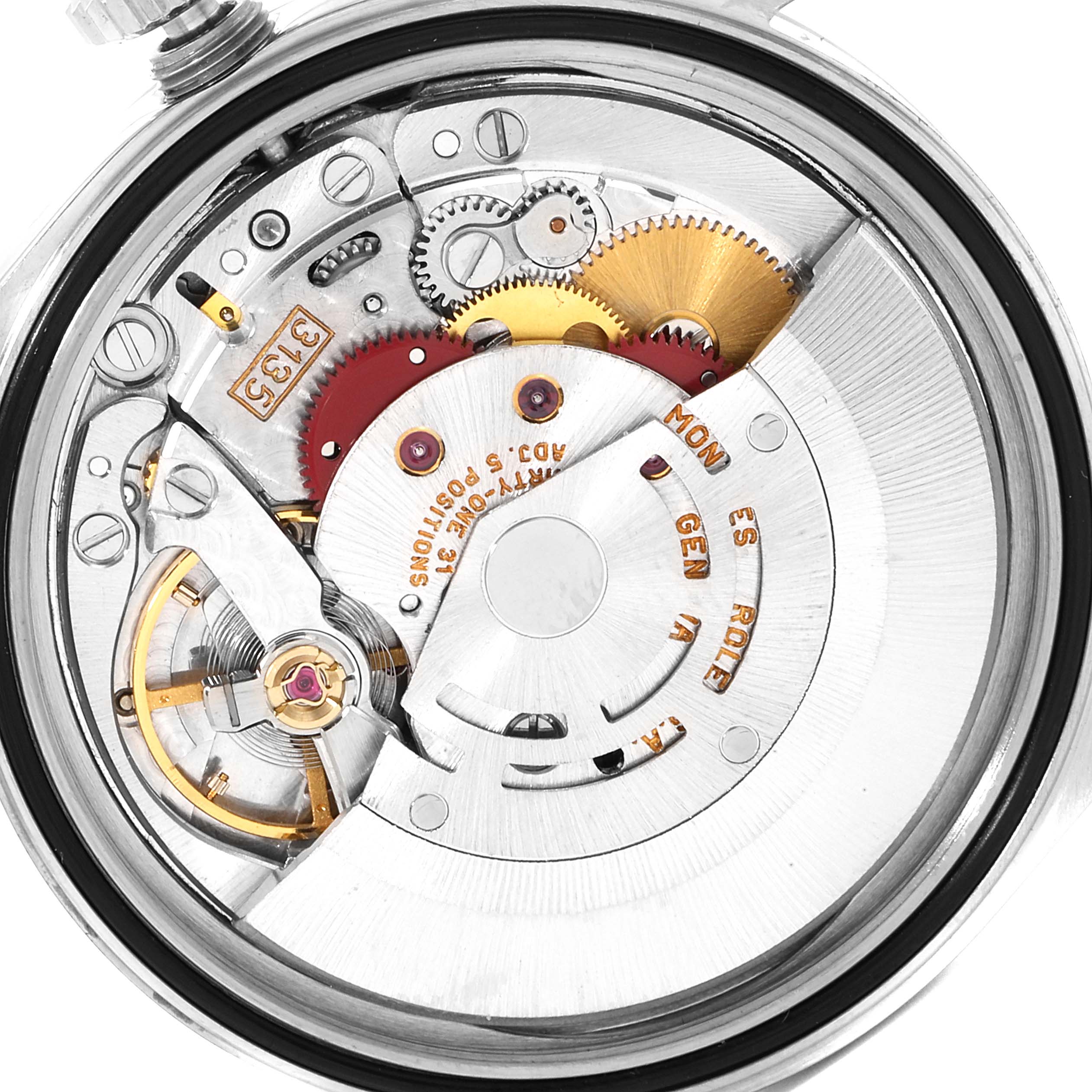 This image shows the Rolex Datejust 16233 Men
s Steel and Gold (two tone) Champagne Dial 16233 Men
s Steel and Gold (two tone) Champagne Dial movement from a back angle, highlighting the intricate gears and mechanics inside the watch.
