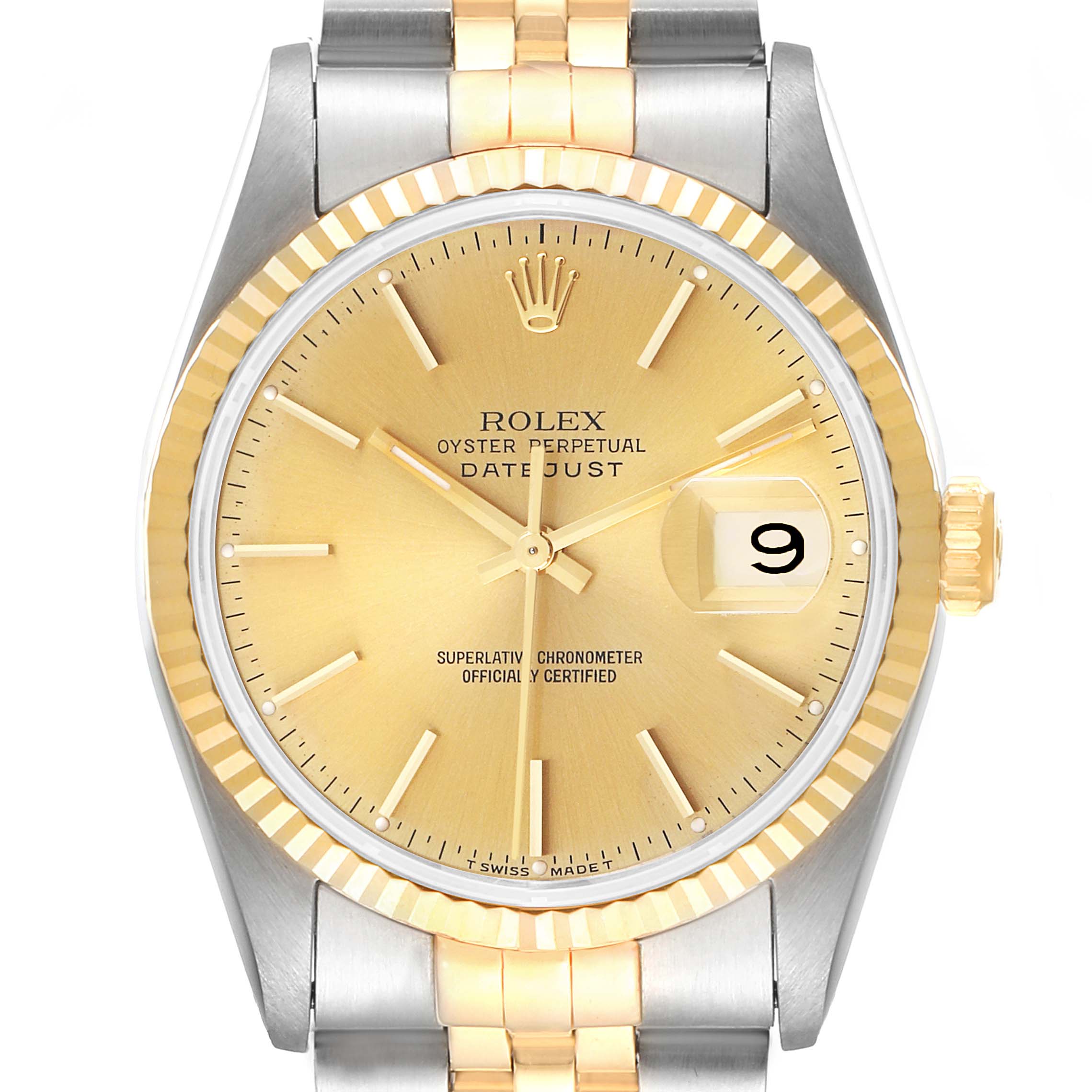 The image shows a frontal view of a Rolex Datejust 16233 Men
s Steel and Gold (two tone) Champagne Dial 16233 Men
s Steel and Gold (two tone) Champagne Dial watch, highlighting its face, bezel, dial, and part of the bracelet.