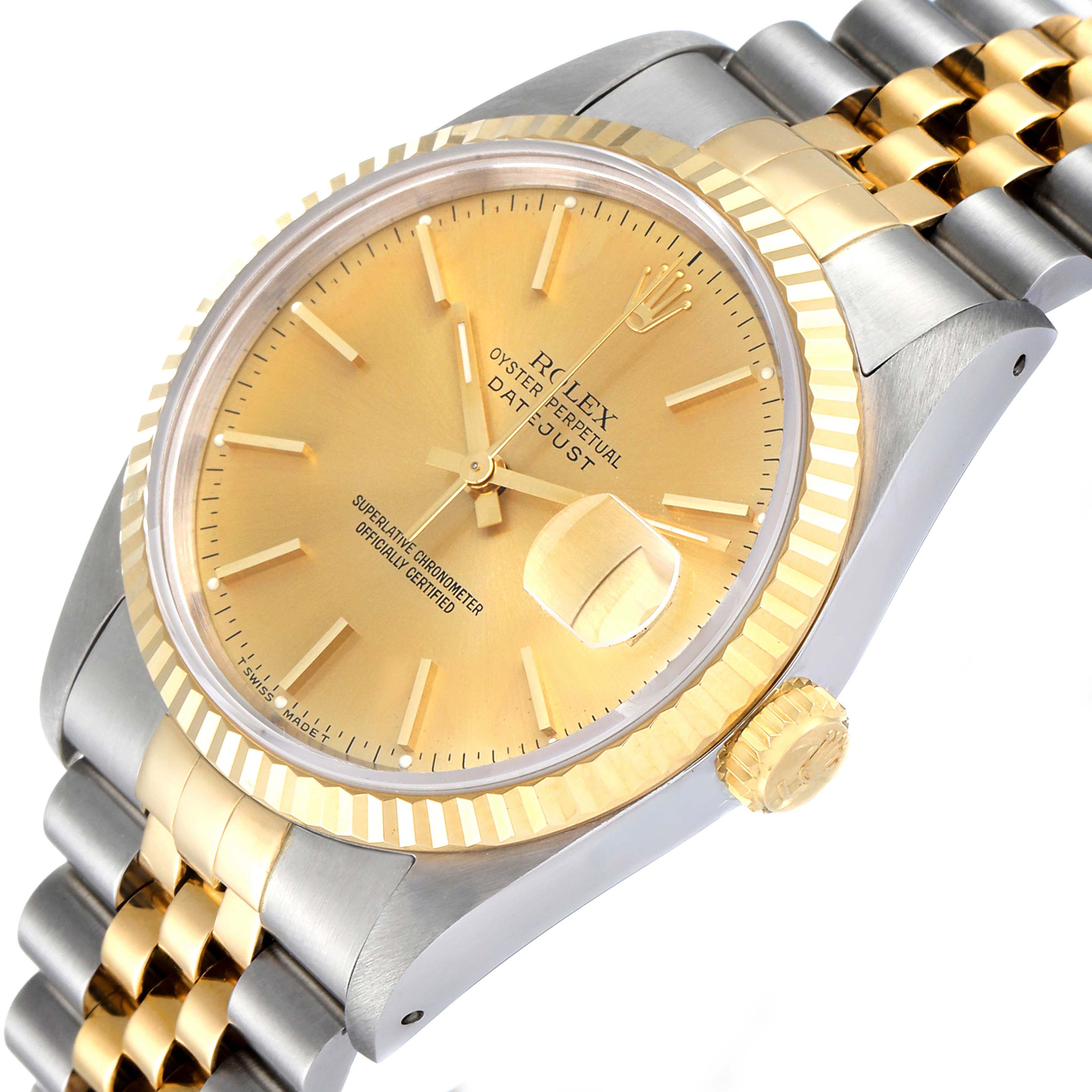 This image shows a Rolex Datejust 16233 Men
s Steel and Gold (two tone) Champagne Dial 16233 Men
s Steel and Gold (two tone) Champagne Dial watch at a slight angle, highlighting its gold bezel, gold dial, two-tone bracelet, and crown.