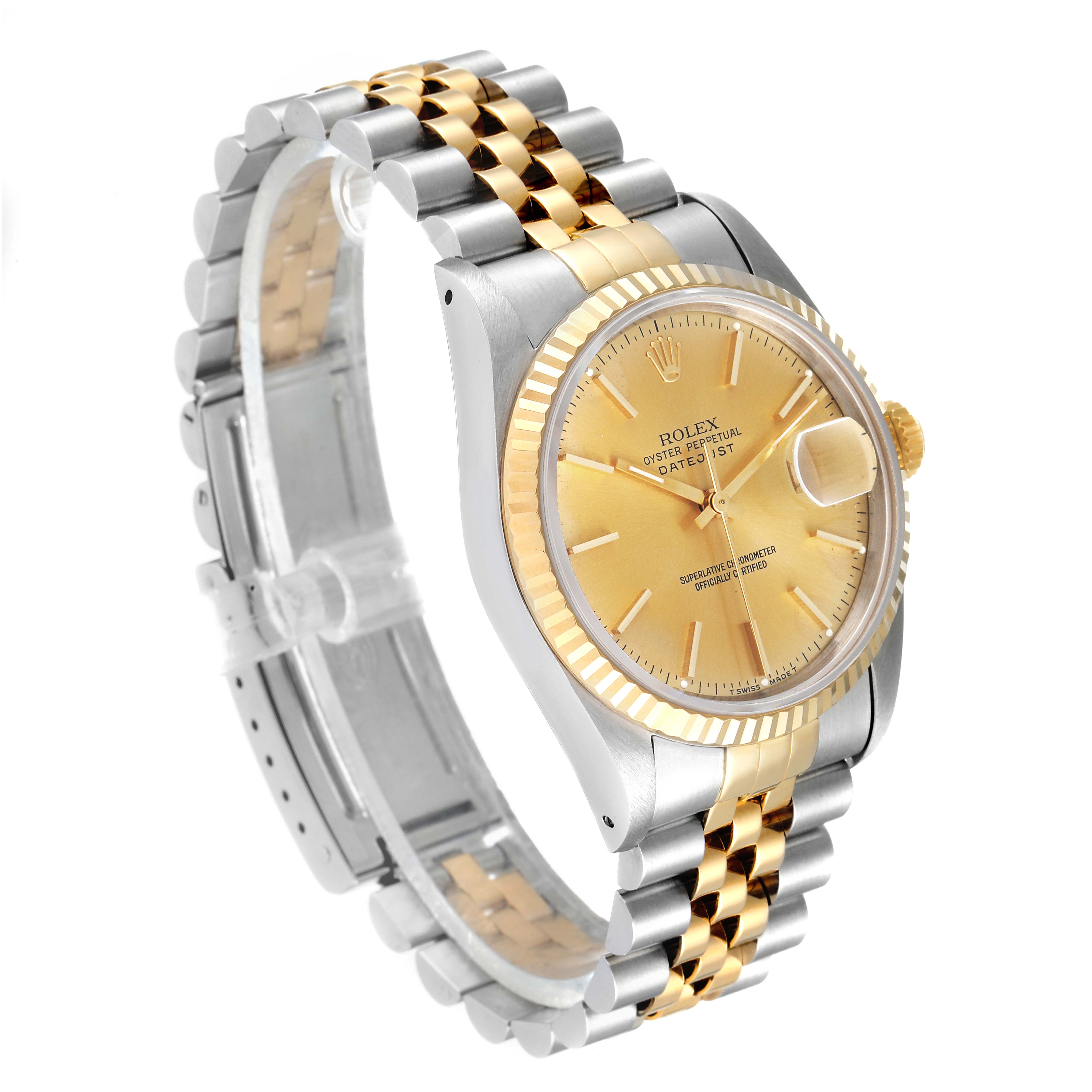 The Rolex Datejust 16233 Men
s Steel and Gold (two tone) Champagne Dial 16233 Men
s Steel and Gold (two tone) Champagne Dial watch is shown at a slight angle, displaying its gold dial, bezel, and two-tone bracelet.