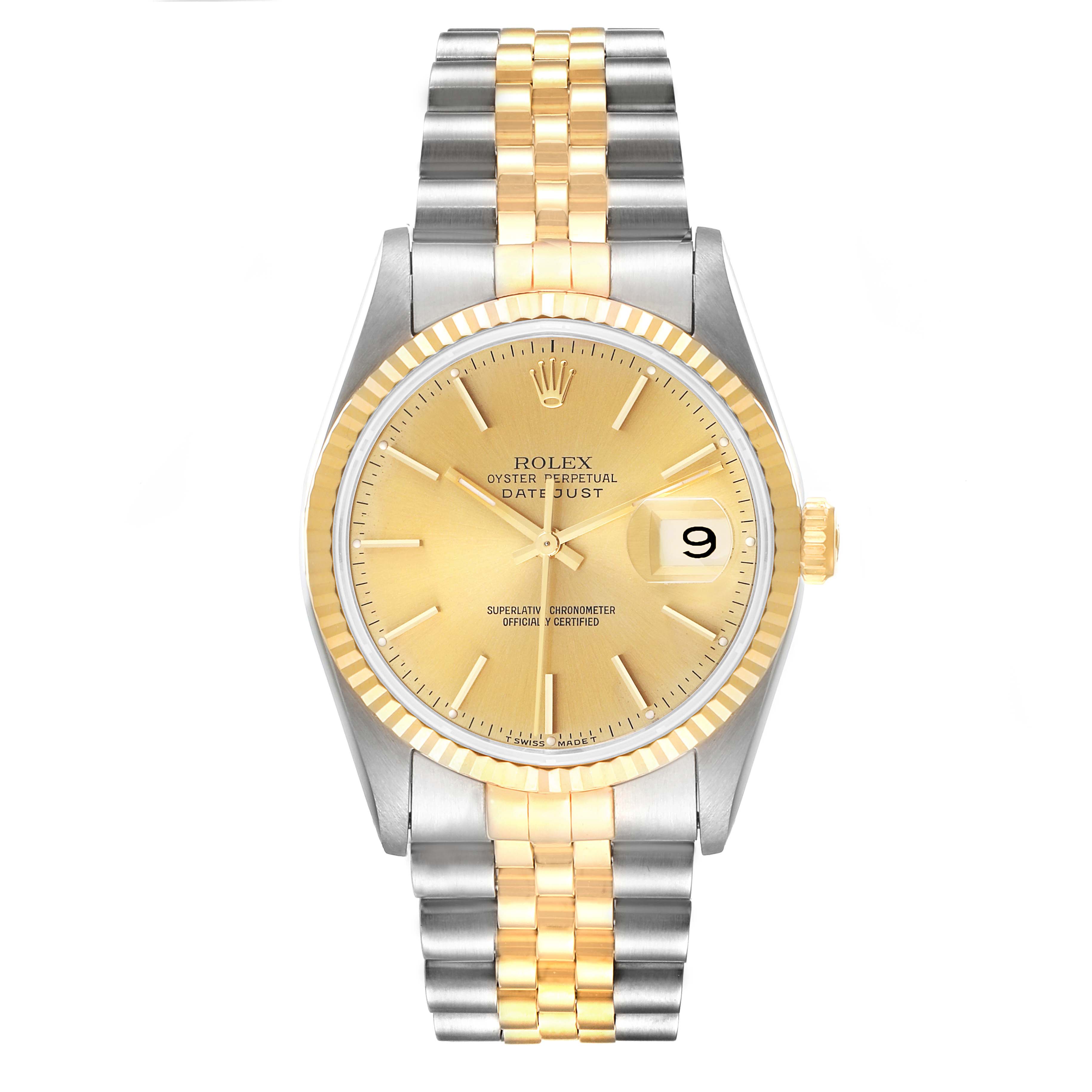 The image shows a front view of a Rolex Datejust 16233 Men
s Steel and Gold (two tone) Champagne Dial 16233 Men
s Steel and Gold (two tone) Champagne Dial watch, displaying its face, bezel, and bracelet.