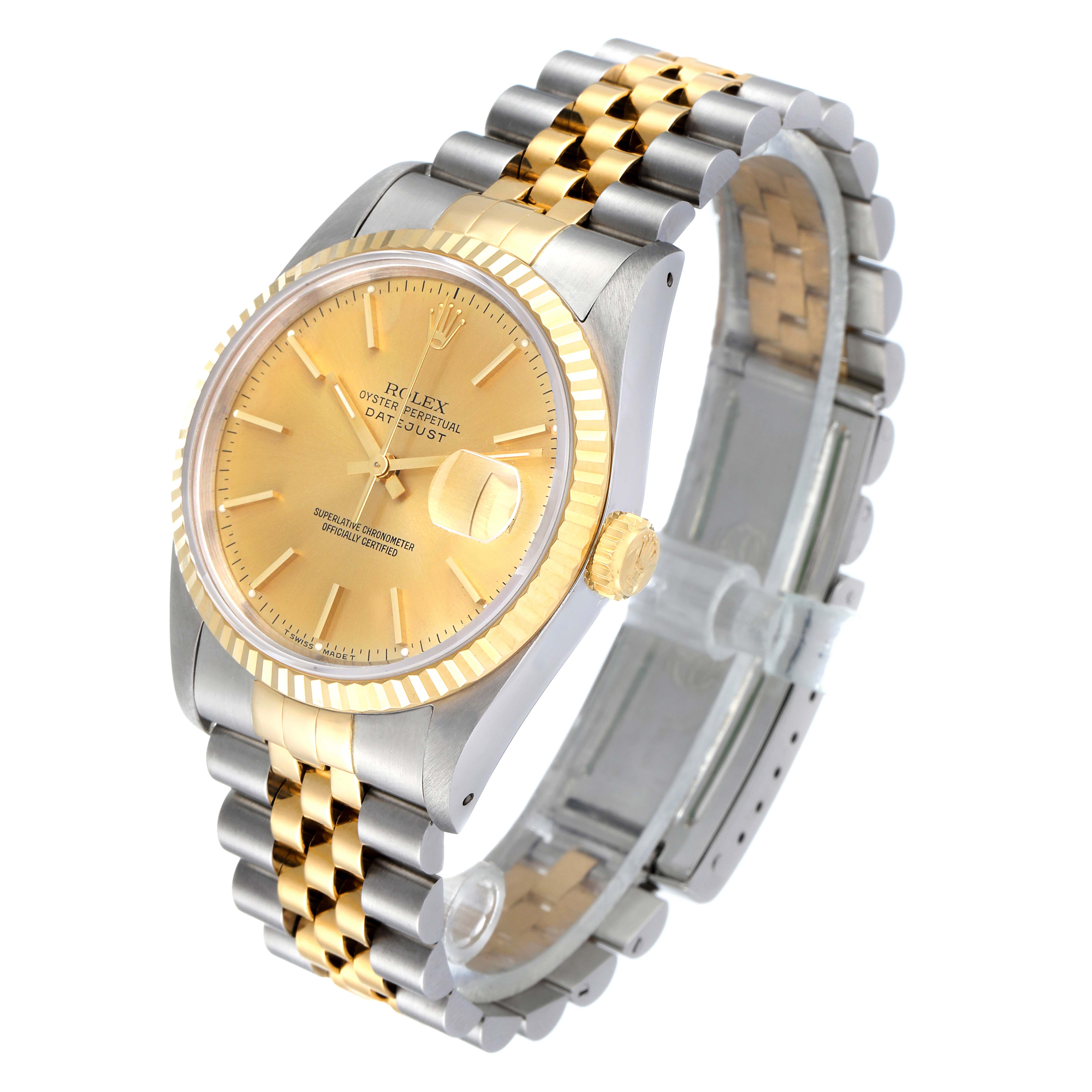 The Rolex Datejust 16233 Men
s Steel and Gold (two tone) Champagne Dial 16233 Men
s Steel and Gold (two tone) Champagne Dial watch is shown at an angle displaying its face, bezel, crown, and Jubilee bracelet.