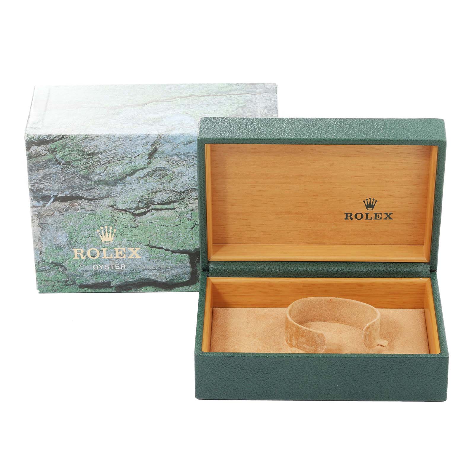 The image shows an open Rolex Datejust 16233 Men's Steel and Gold (two tone) Grey Dial 16233 Men's Steel and Gold (two tone) Grey Dial watch box with the green outer box and inner wooden and suede compartments.