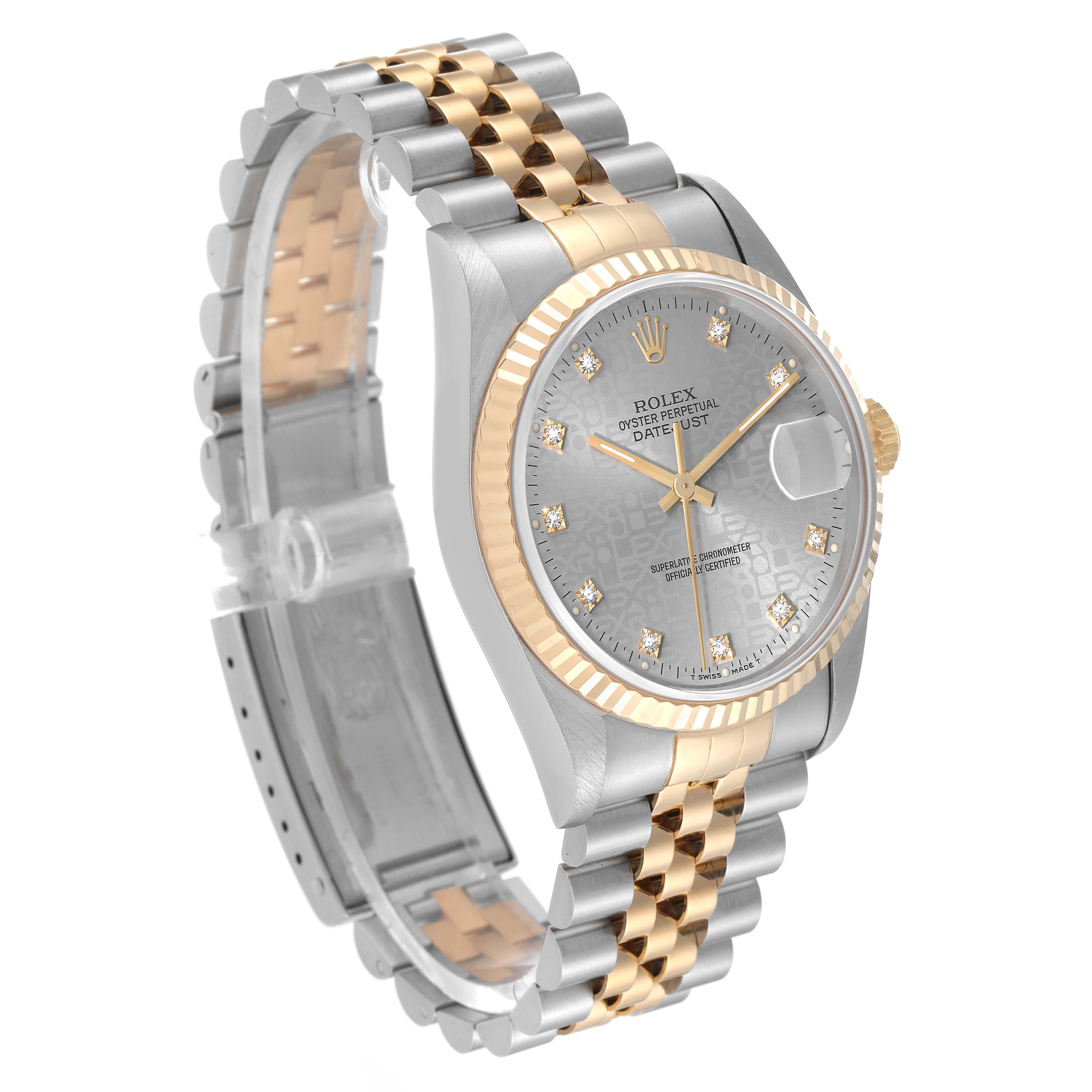 This image shows a Rolex Datejust 16233 Men's Steel and Gold (two tone) Grey Dial 16233 Men's Steel and Gold (two tone) Grey Dial watch at a three-quarter angle, highlighting its two-tone bracelet, dial, and fluted bezel.