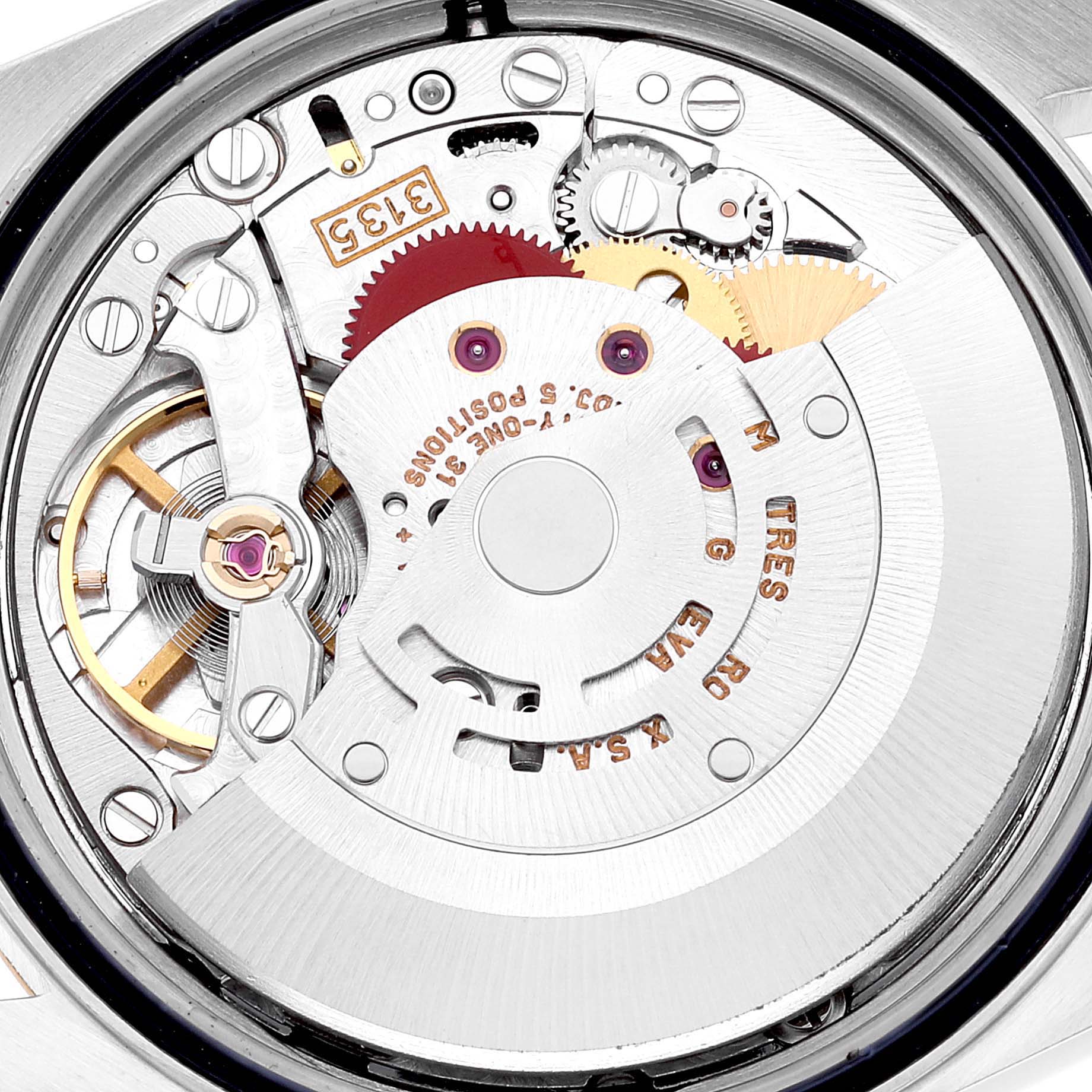 This image shows the internal mechanical movement of a Rolex Datejust 16233 Men's Steel and Gold (two tone) Grey Dial 16233 Men's Steel and Gold (two tone) Grey Dial watch, focusing on gears and rotors.