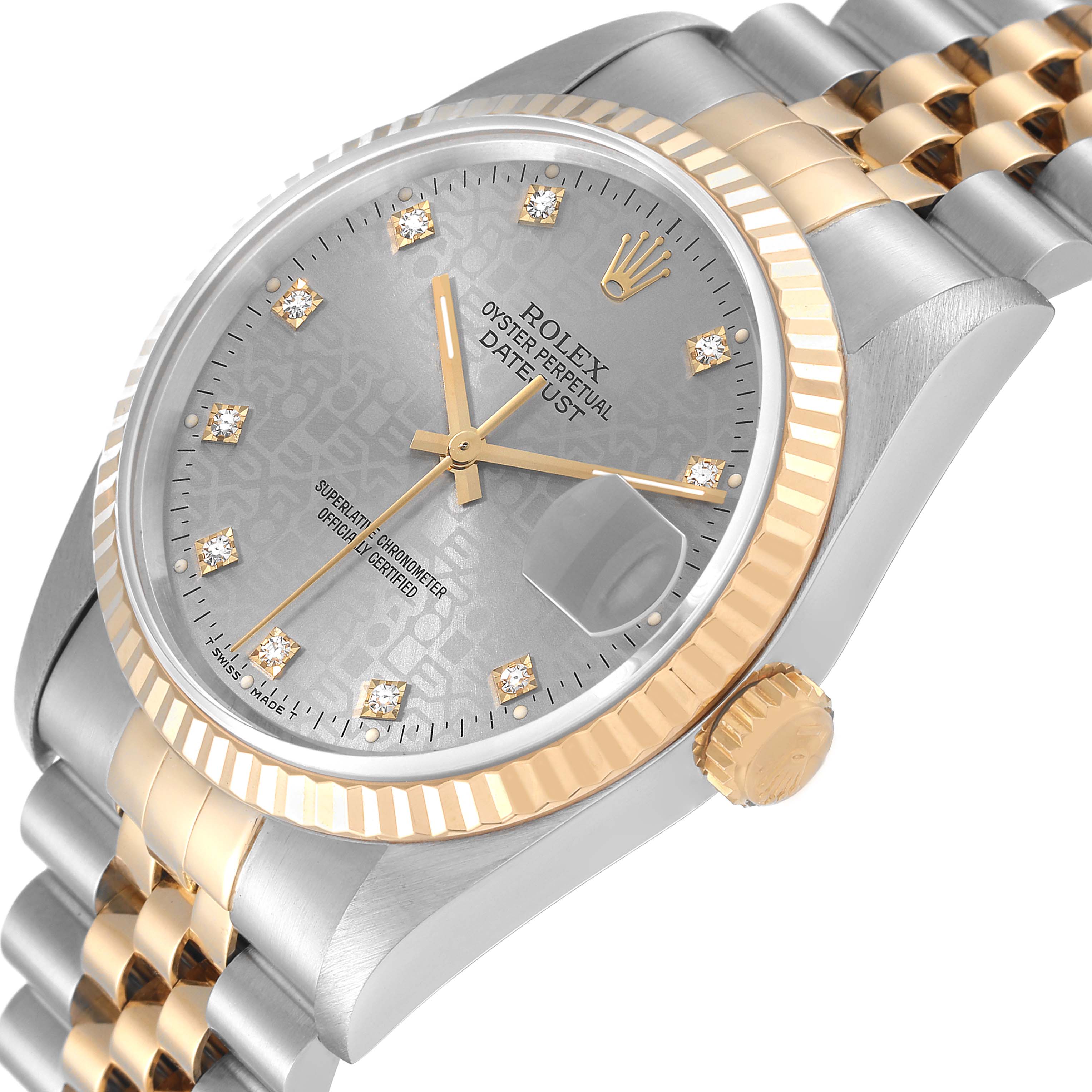 The image shows a close-up of the Rolex Datejust 16233 Men's Steel and Gold (two tone) Grey Dial 16233 Men's Steel and Gold (two tone) Grey Dial watch face, crown, and part of the bracelet, viewed at an angle.