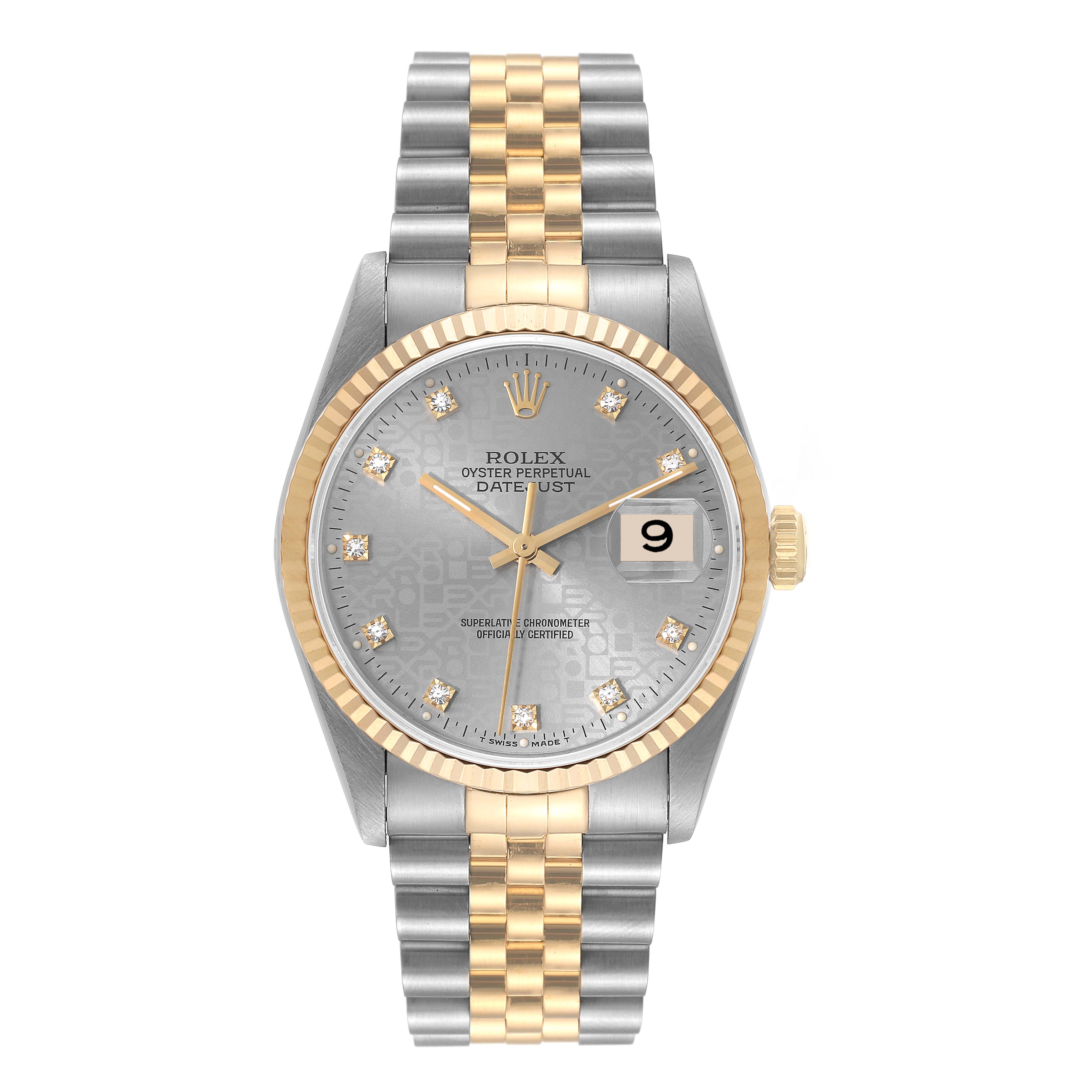 This Rolex Datejust 16233 Men's Steel and Gold (two tone) Grey Dial 16233 Men's Steel and Gold (two tone) Grey Dial watch is shown from the front, highlighting the dial, bezel, and two-tone bracelet.