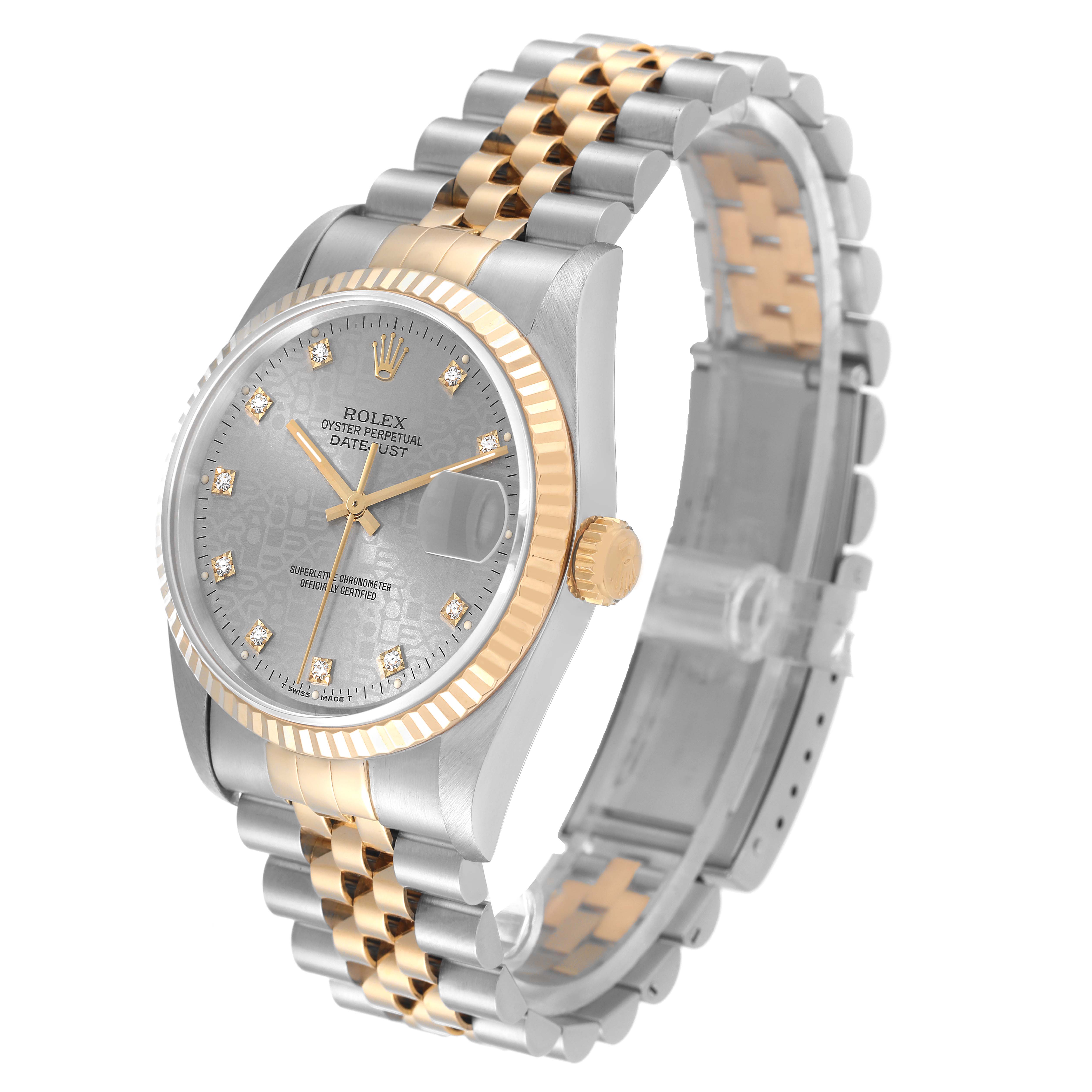 This image shows a Rolex Datejust 16233 Men's Steel and Gold (two tone) Grey Dial 16233 Men's Steel and Gold (two tone) Grey Dial watch from a three-quarter angle, highlighting the dial, bezel, crown, and two-tone bracelet.