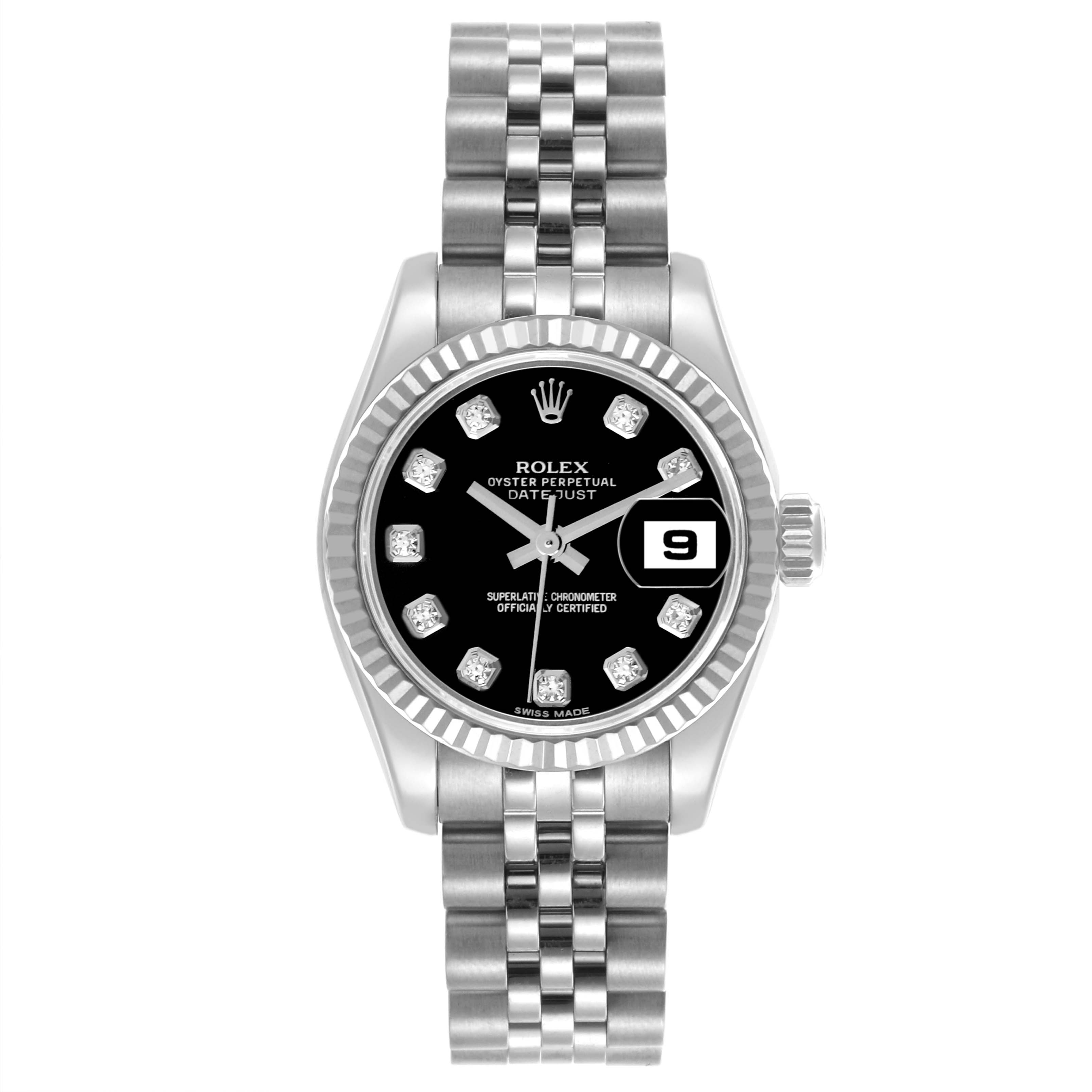 The Rolex Datejust 179174 Women's Stainless Steel Black Dial 179174 Women's Stainless Steel Black Dial watch is shown from a top-down angle, highlighting the face, bezel, and bracelet.