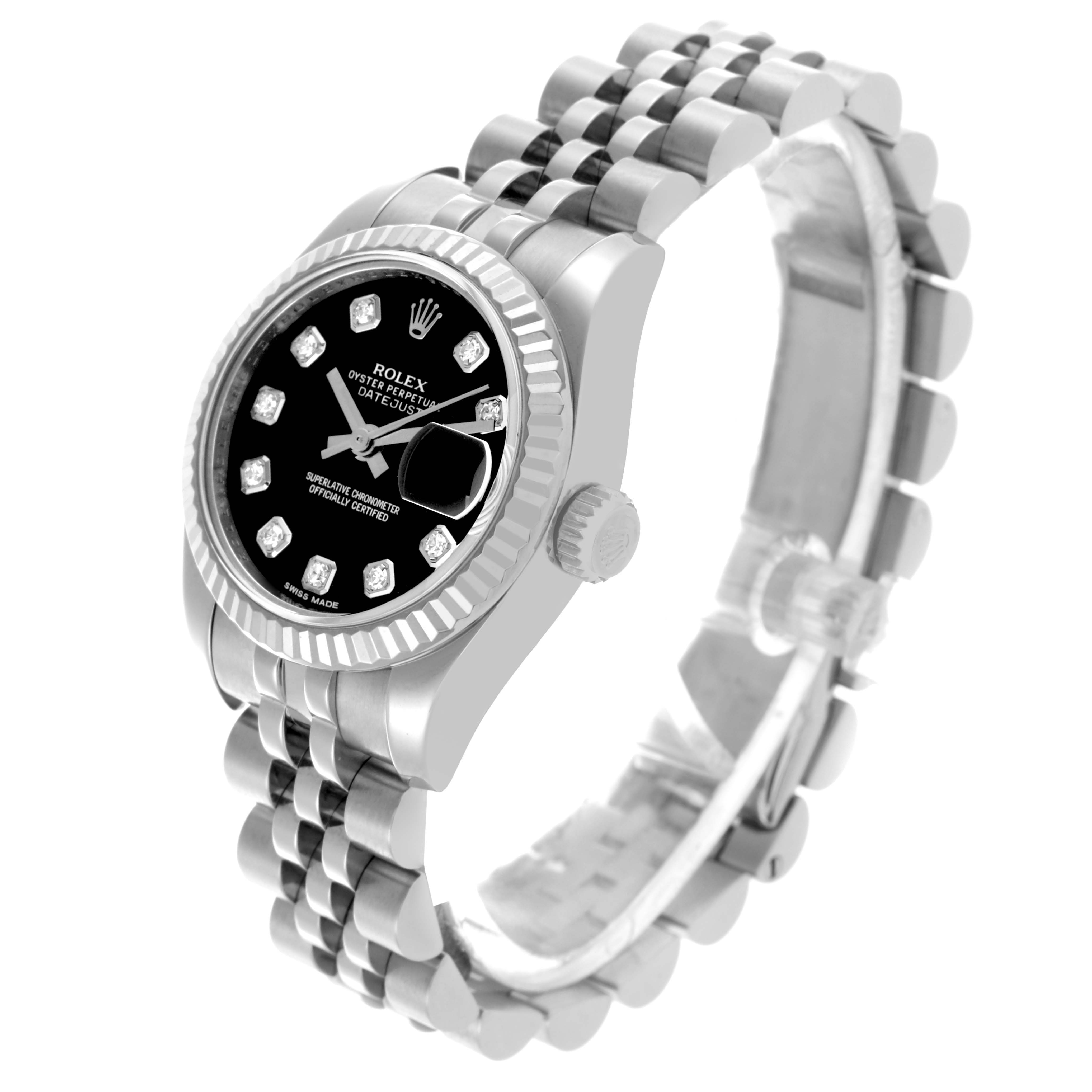The Rolex Datejust 179174 Women's Stainless Steel Black Dial 179174 Women's Stainless Steel Black Dial watch is shown at a three-quarter angle, highlighting the dial, bezel, crown, and Jubilee bracelet.