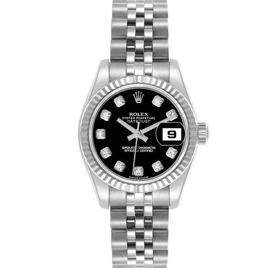 The Rolex Datejust watch is shown from a top-down angle, highlighting the dial, fluted bezel, and Jubilee bracelet.