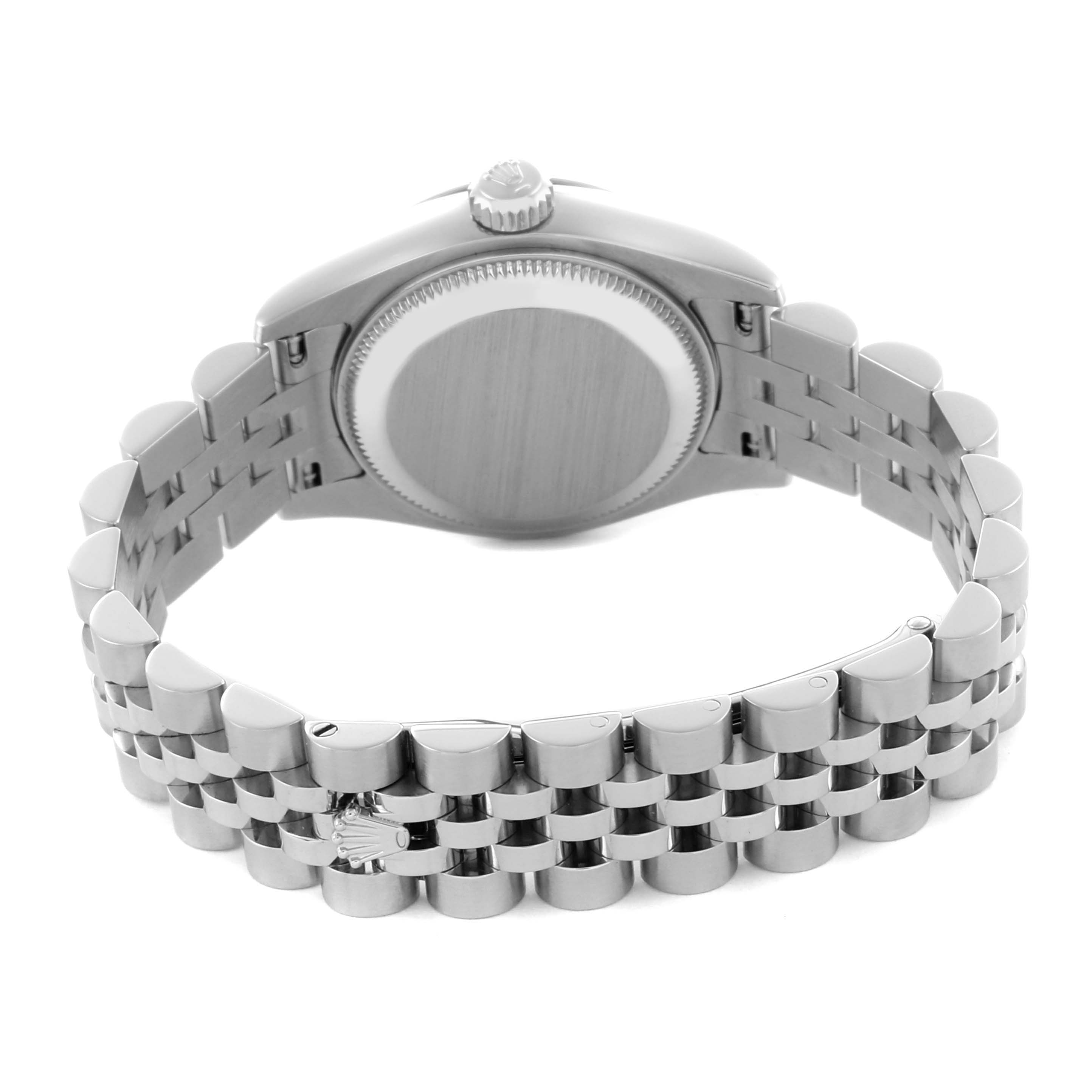 The image shows the back of a Rolex Datejust 179174 Women's Stainless Steel Black Dial 179174 Women's Stainless Steel Black Dial watch, highlighting the case back and Jubilee bracelet.