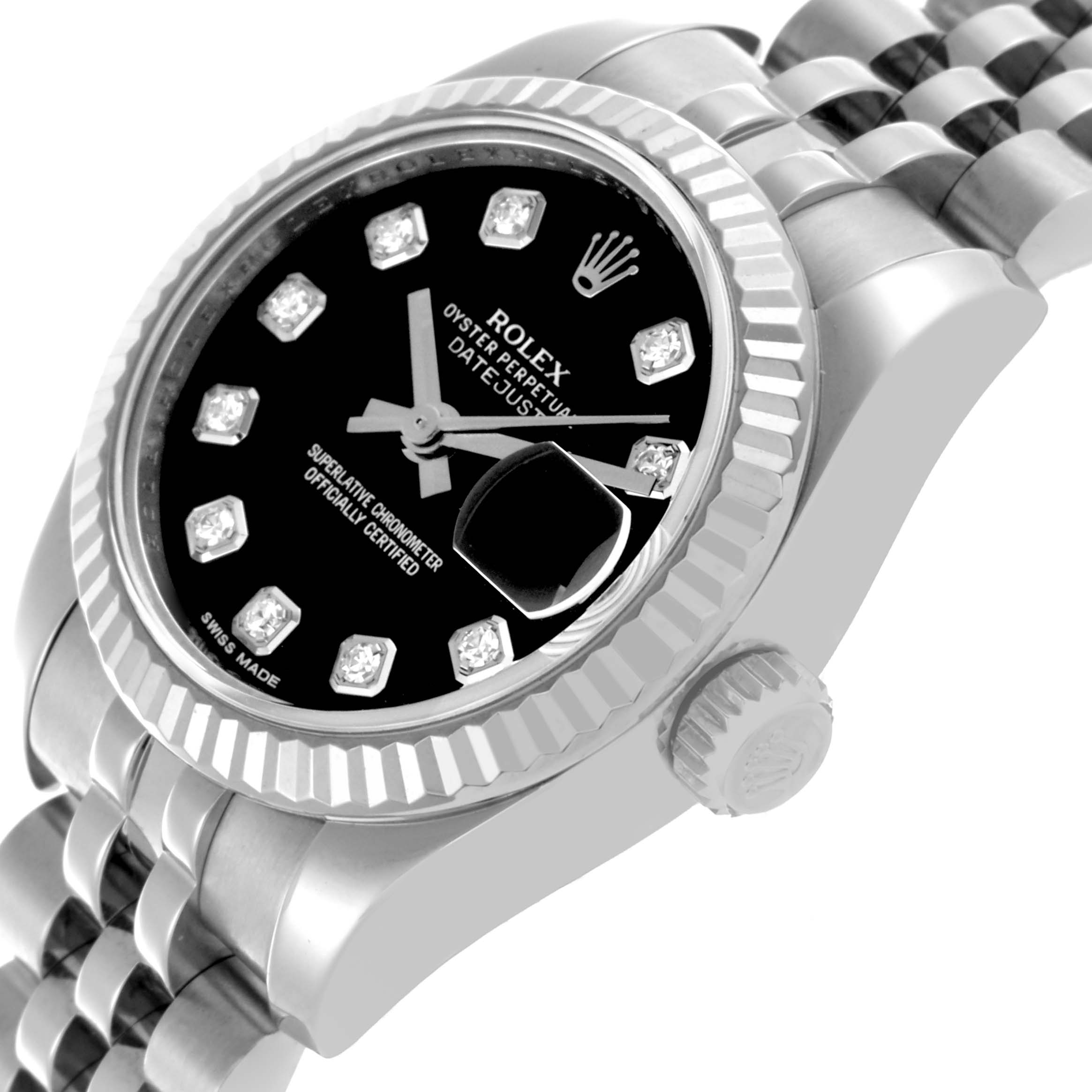 The Rolex Datejust 179174 Women's Stainless Steel Black Dial 179174 Women's Stainless Steel Black Dial watch is shown at an angle highlighting its black dial, diamond markers, bezel, crown, and Jubilee bracelet.