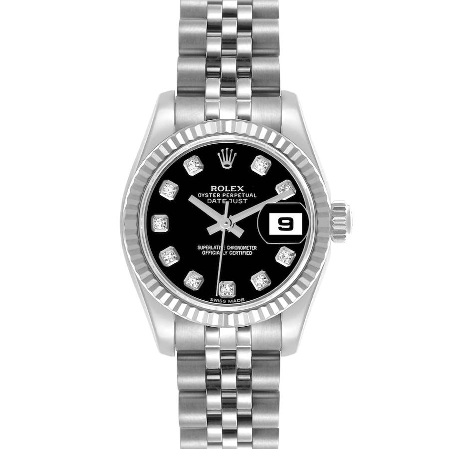 The Rolex Datejust watch is shown from a front angle, displaying its black dial, diamond hour markers, bezel, and bracelet.