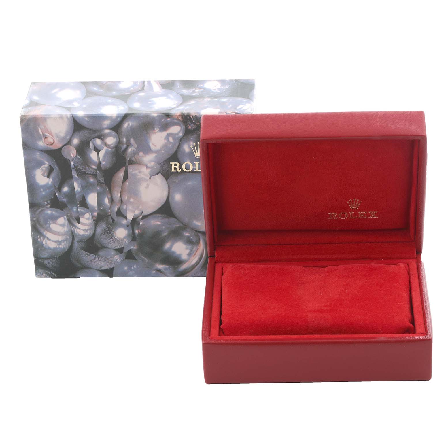 The image shows a Rolex Datejust 179174 Women's Stainless Steel Black Dial 179174 Women's Stainless Steel Black Dial watch box and outer packaging, captured from the front.