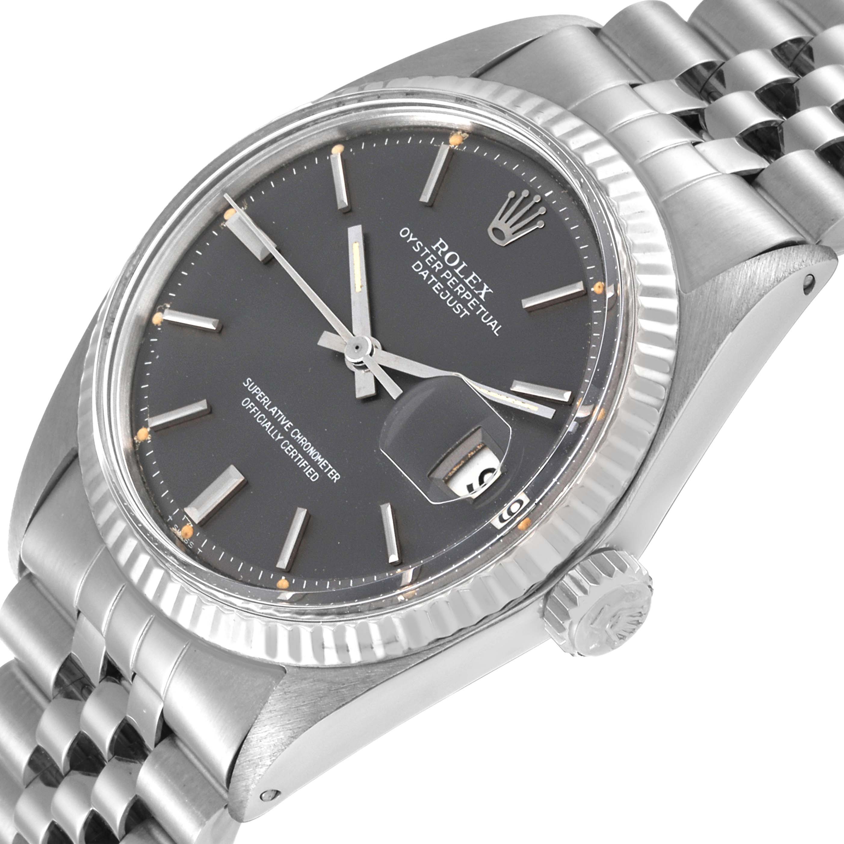 This Rolex Datejust 1601 Men's Stainless Steel Grey Dial 1601 Men's Stainless Steel Grey Dial watch is shown from an angled top view, displaying the face, crown, and part of the bracelet.