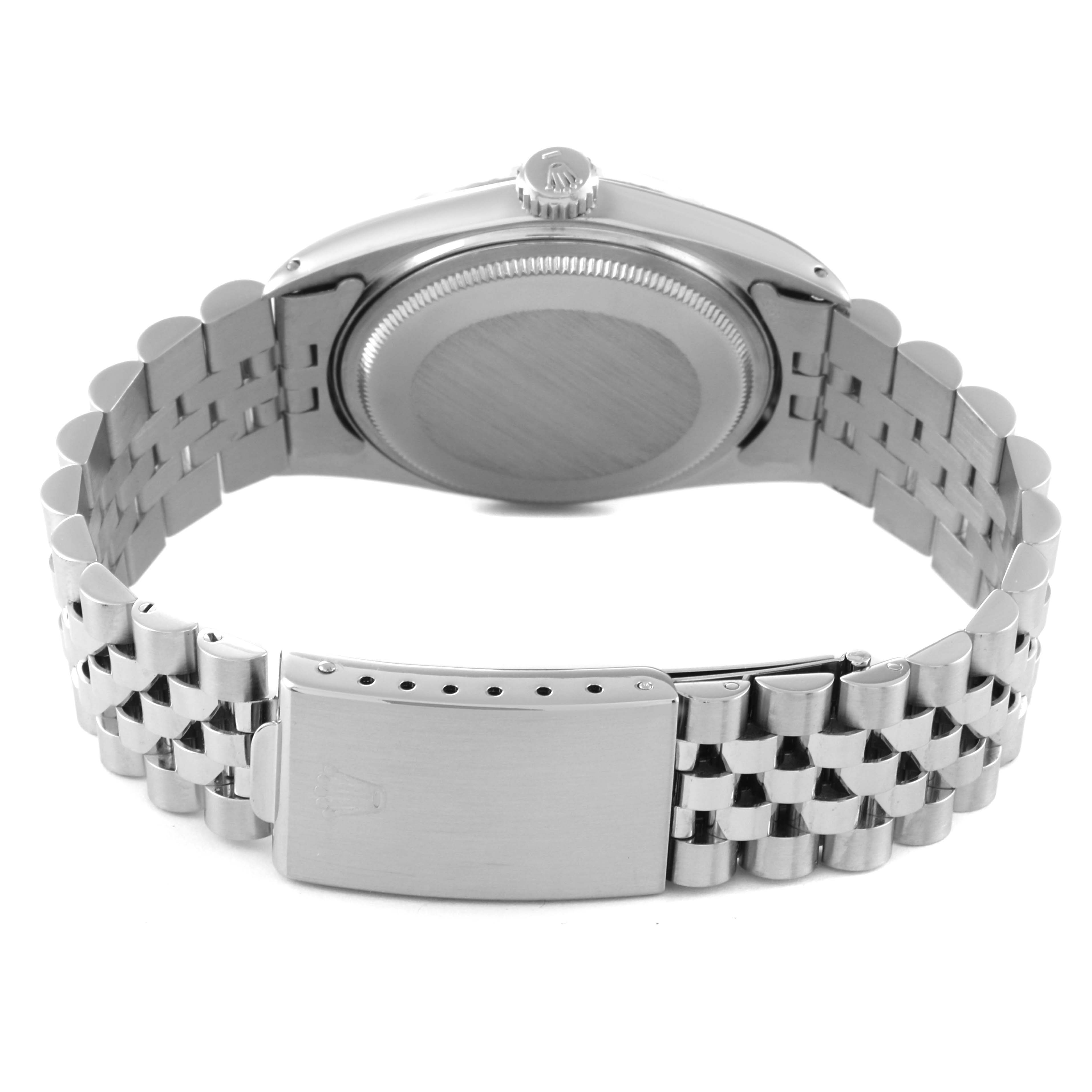 The image shows the back view of a Rolex Datejust 1601 Men's Stainless Steel Grey Dial 1601 Men's Stainless Steel Grey Dial watch, focusing on the case back and Jubilee bracelet with the clasp.