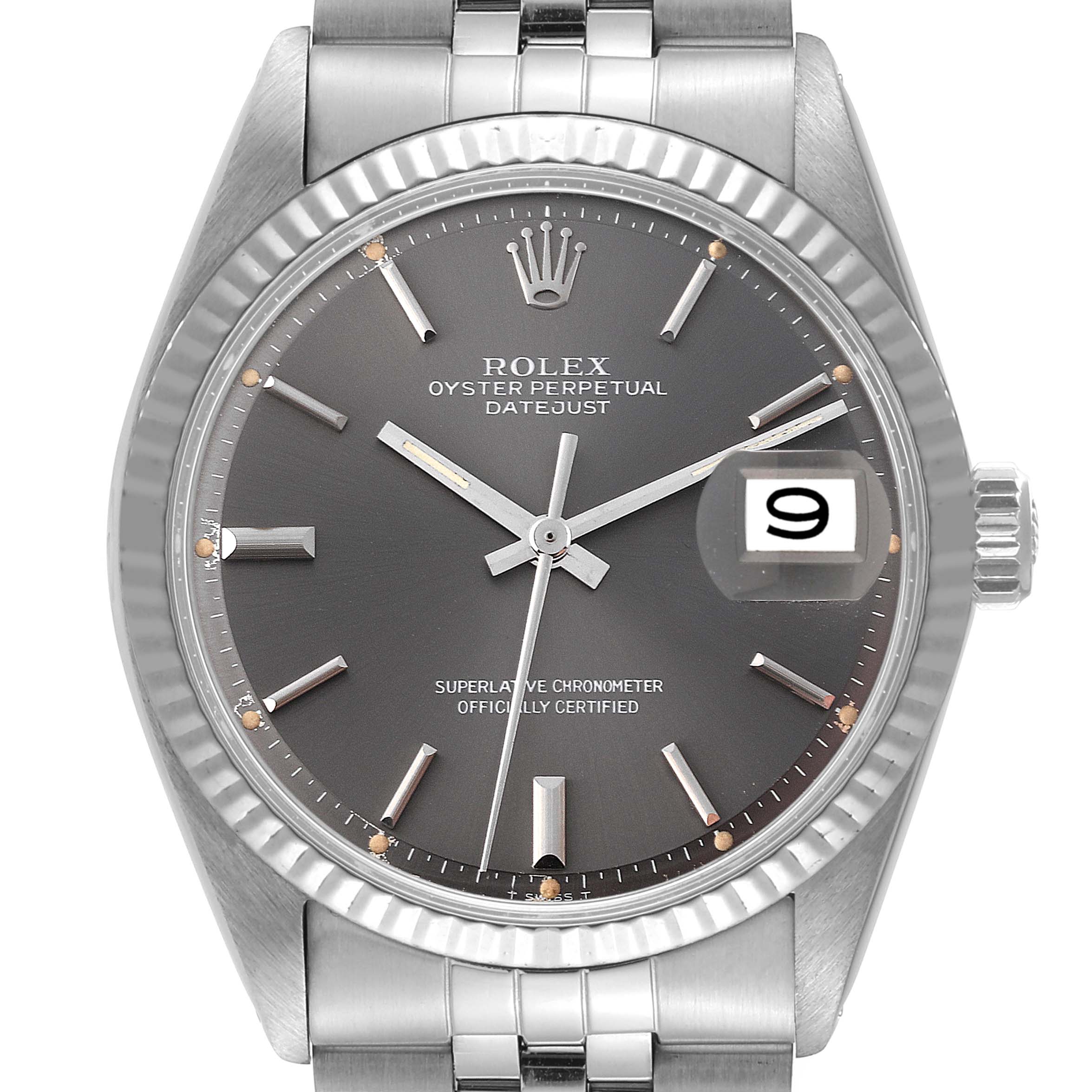 This image shows a close-up, front-facing view of the Rolex Datejust 1601 Men's Stainless Steel Grey Dial 1601 Men's Stainless Steel Grey Dial watch face, highlighting its dial, bezel, and part of the bracelet.