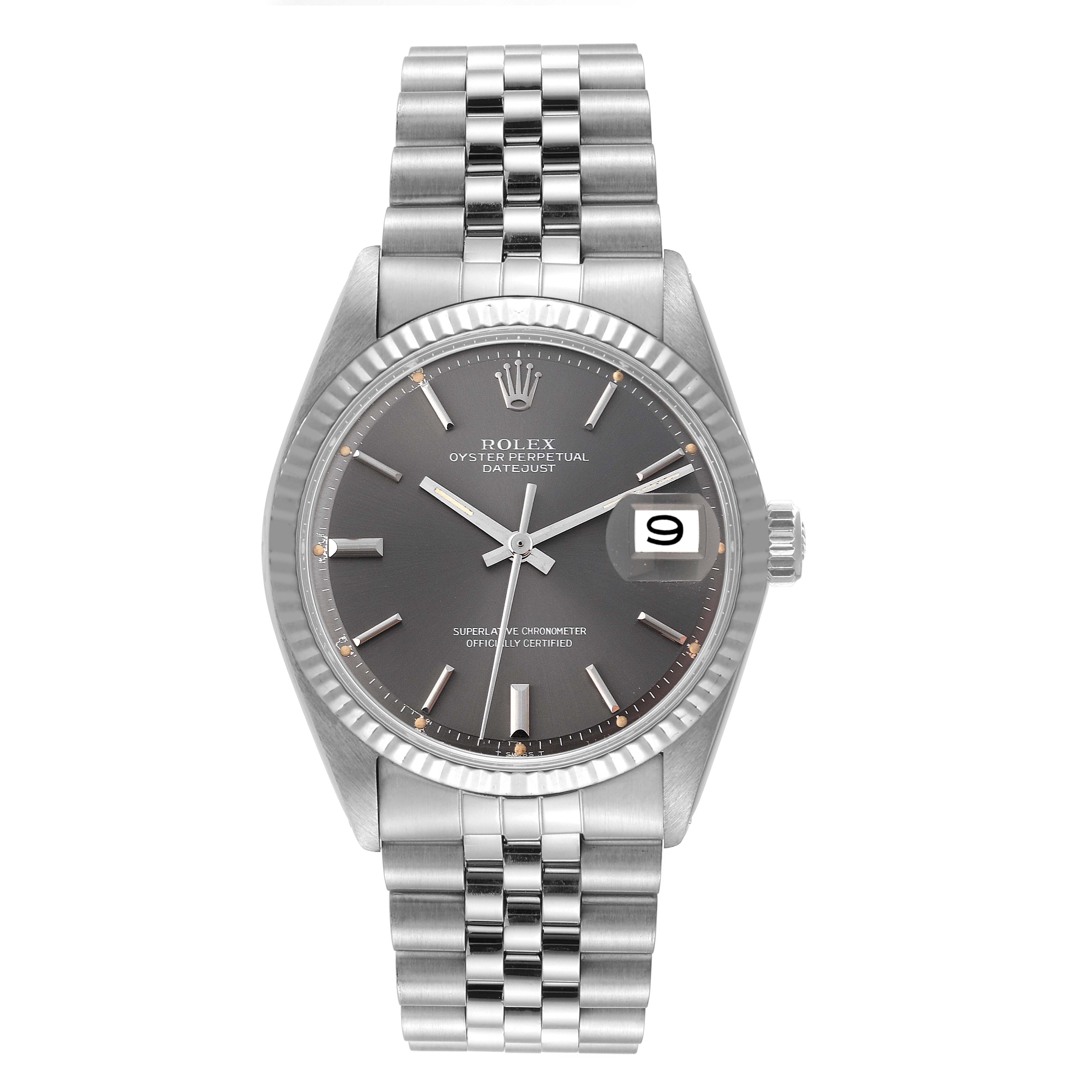 The image shows a front view of a Rolex Datejust 1601 Men's Stainless Steel Grey Dial 1601 Men's Stainless Steel Grey Dial watch, highlighting the face, bracelet, and bezel.