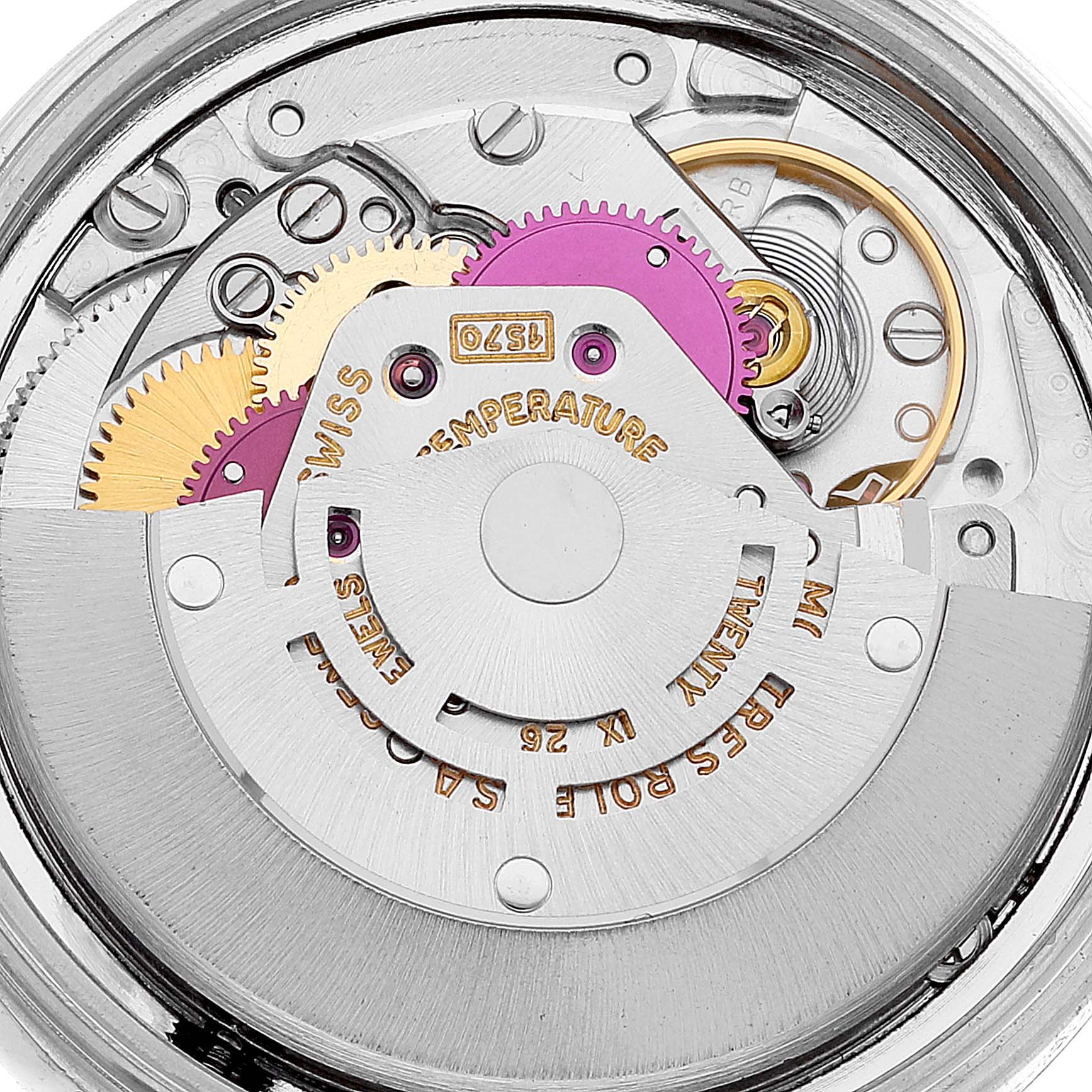 The image shows an up-close view of the movement mechanism of a Rolex Datejust 1601 Men's Stainless Steel Grey Dial 1601 Men's Stainless Steel Grey Dial watch.