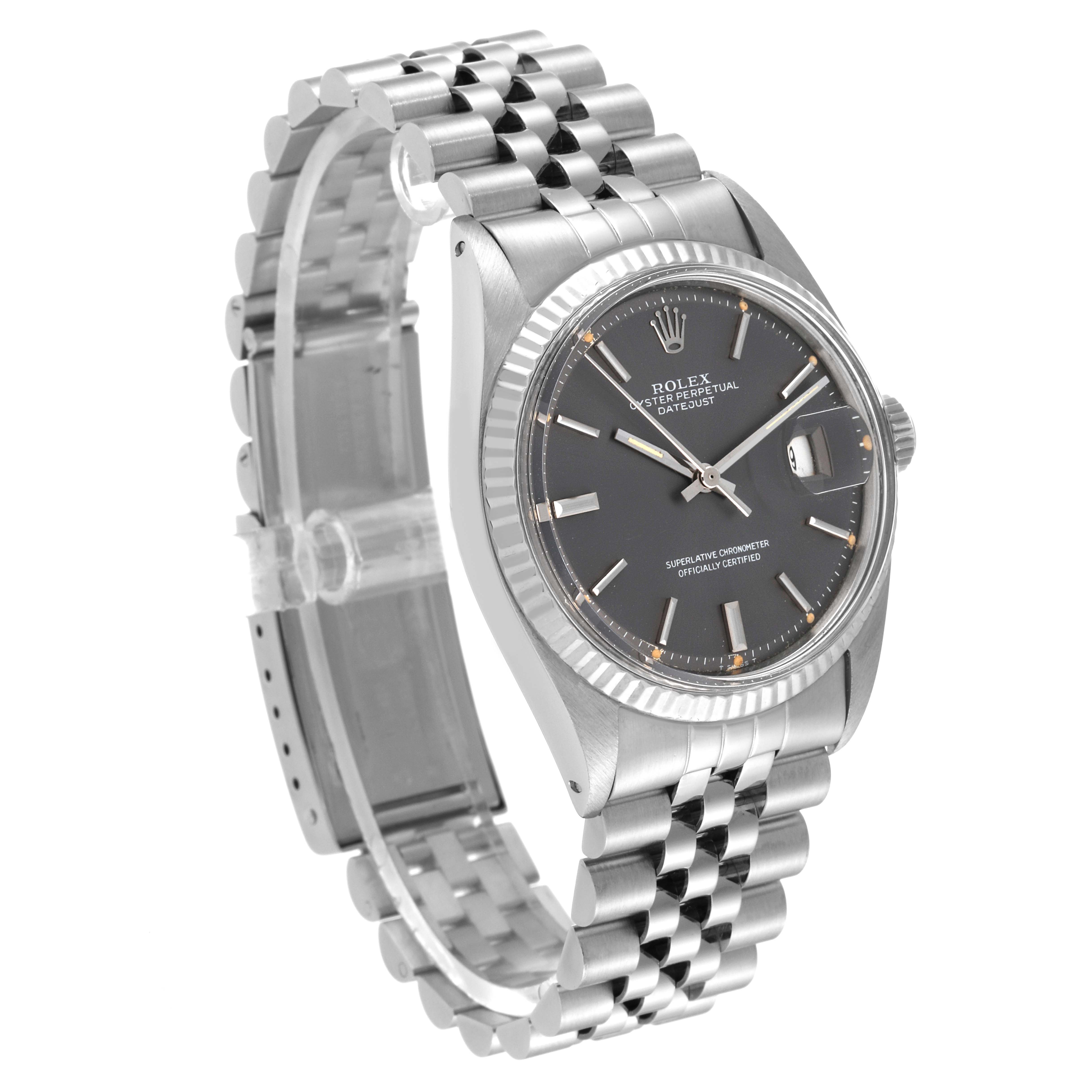 The image shows a Rolex Datejust 1601 Men's Stainless Steel Grey Dial 1601 Men's Stainless Steel Grey Dial watch at a three-quarter angle, displaying its face, bezel, and bracelet.