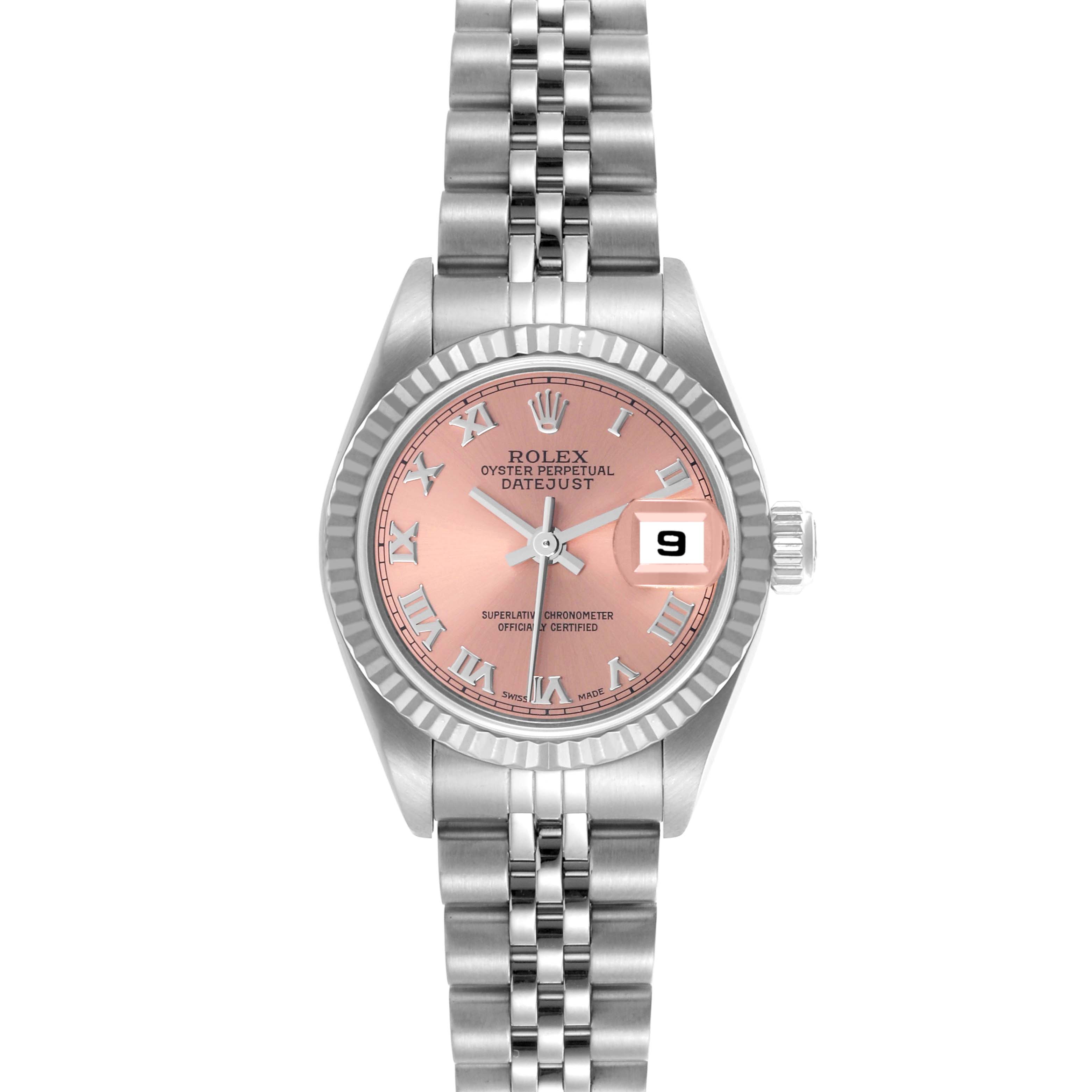 The Rolex Datejust 79174 Women's Stainless Steel Pink Dial 79174 Women's Stainless Steel Pink Dial watch is shown from a front angle, displaying the face, bezel, bracelet, and date window.