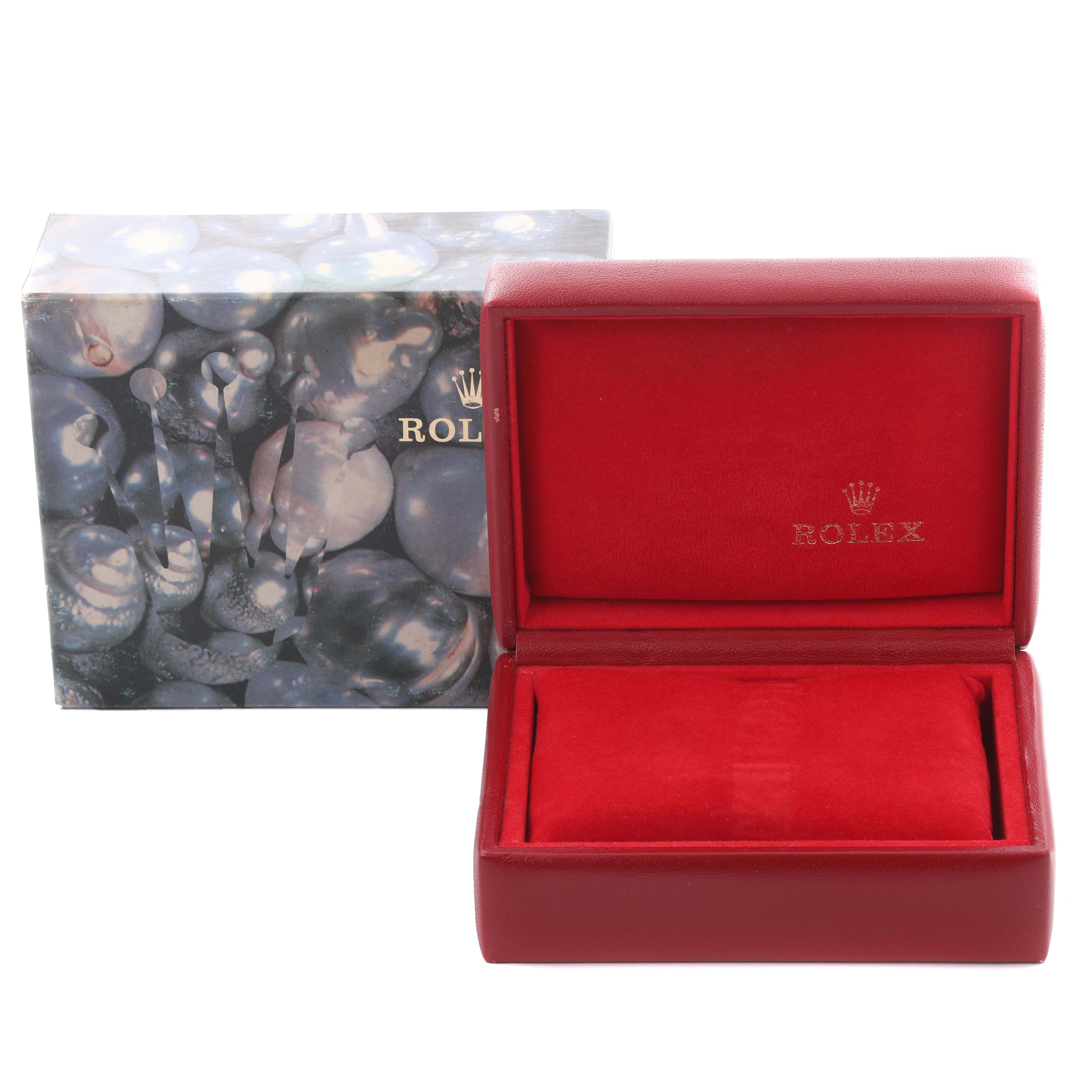 The image shows a Rolex Datejust 79174 Women's Stainless Steel Pink Dial 79174 Women's Stainless Steel Pink Dial watch box at a front angle, with the outer decorative box partially visible.