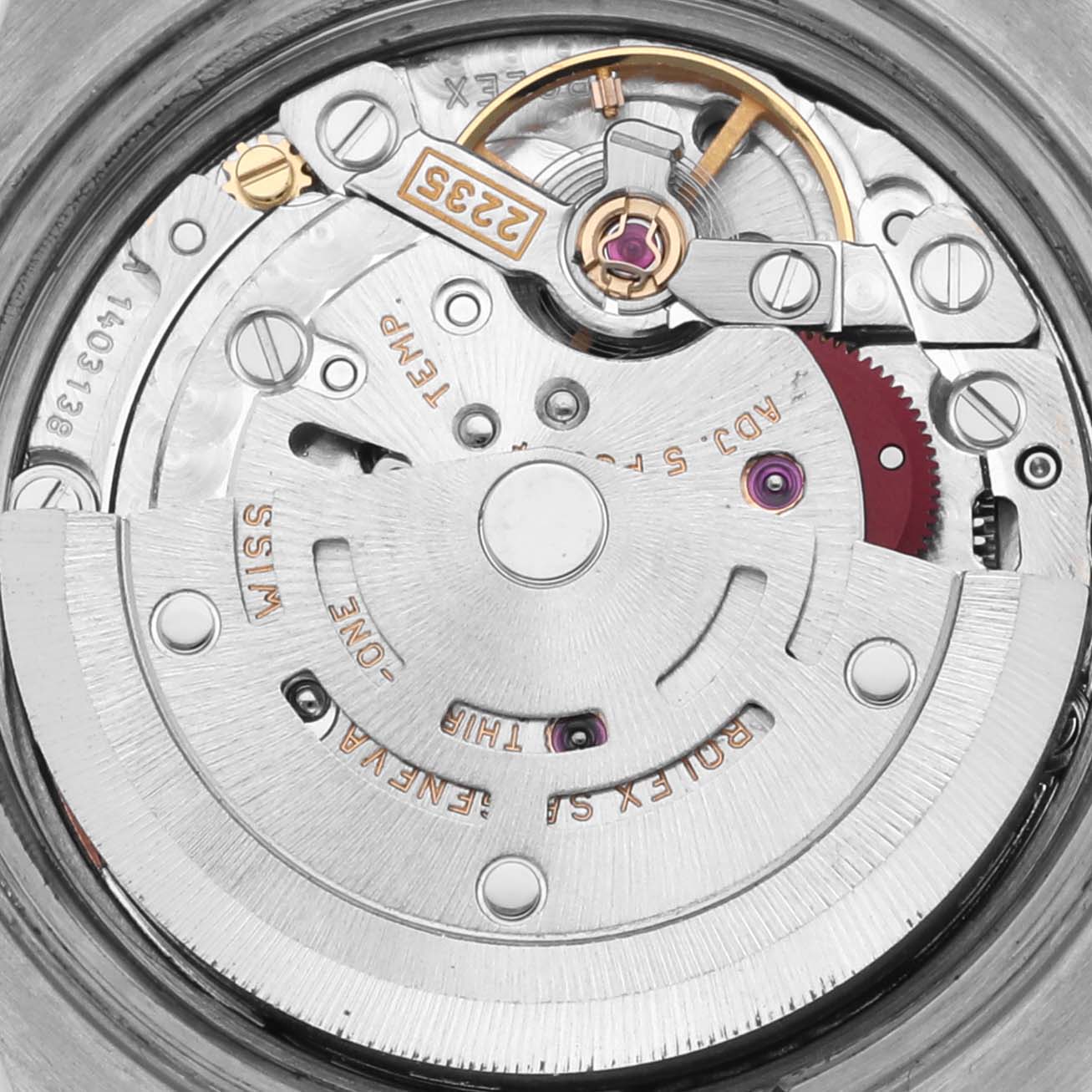 The image shows a close-up of the Rolex Datejust 79174 Women's Stainless Steel Pink Dial 79174 Women's Stainless Steel Pink Dial watch's movement and inner mechanisms.