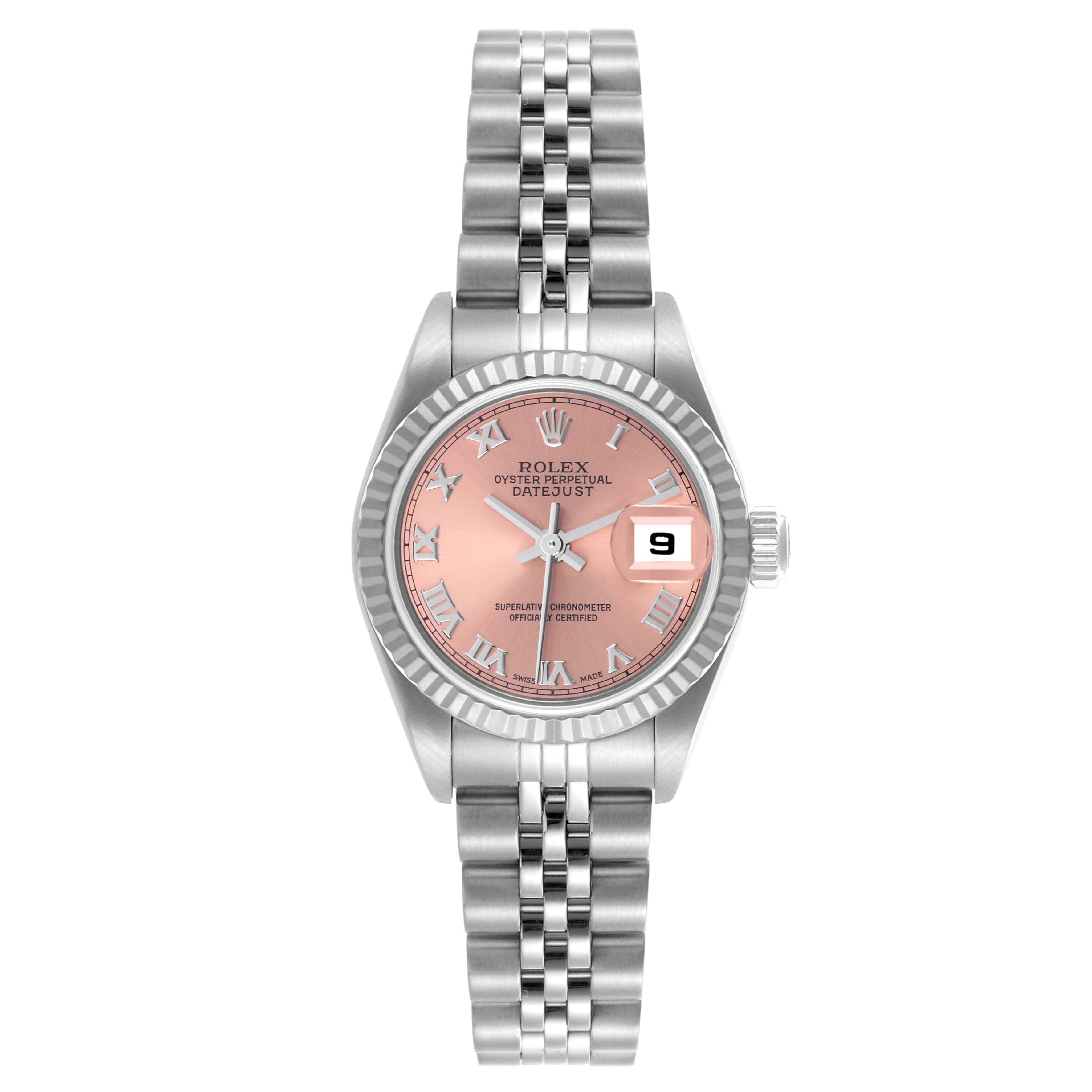 The Rolex Datejust 79174 Women's Stainless Steel Pink Dial 79174 Women's Stainless Steel Pink Dial watch is shown from the front, displaying the dial, hands, date window, bezel, and part of the bracelet.