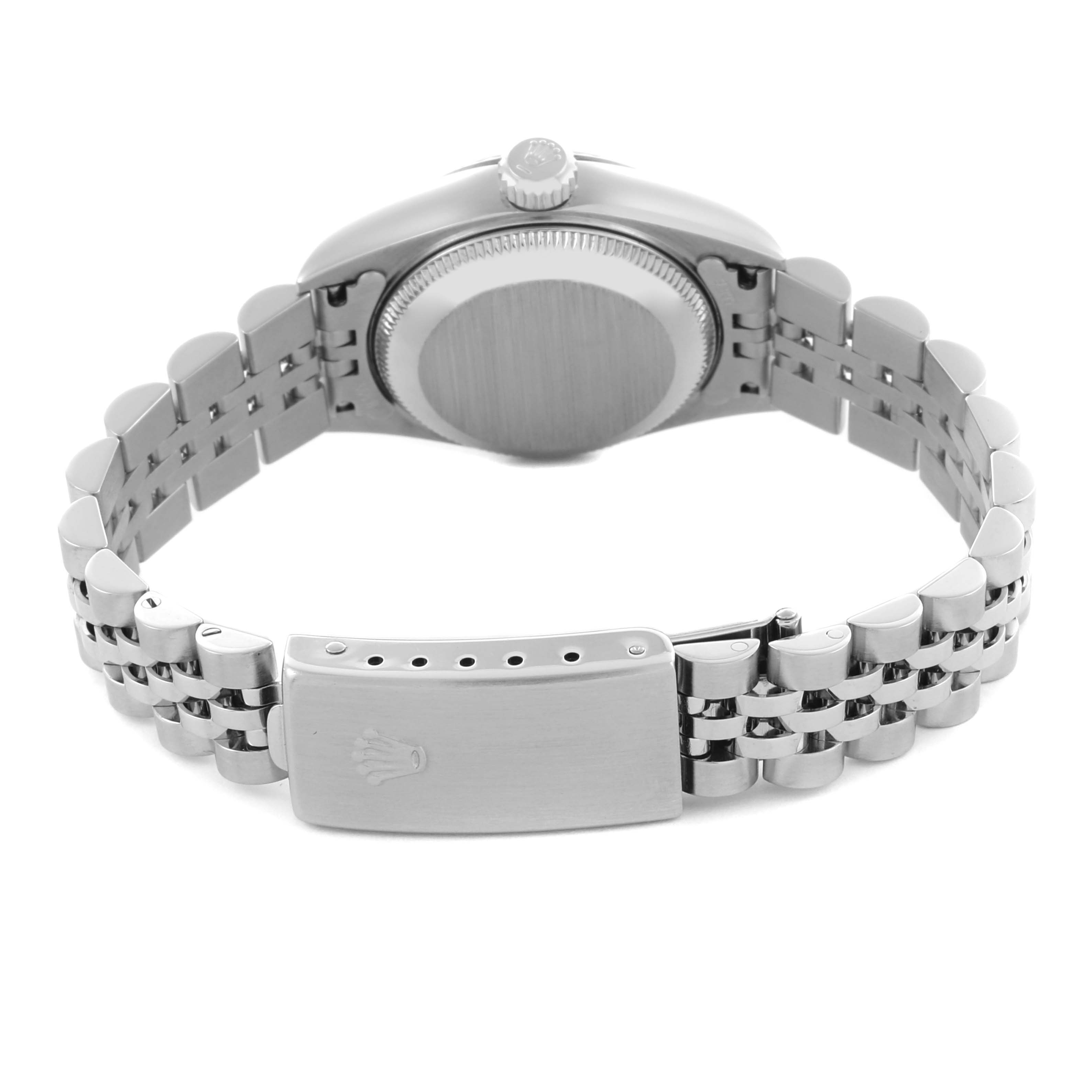 The image shows the back of a Rolex Datejust 79174 Women's Stainless Steel Pink Dial 79174 Women's Stainless Steel Pink Dial watch, highlighting the clasp and bracelet.