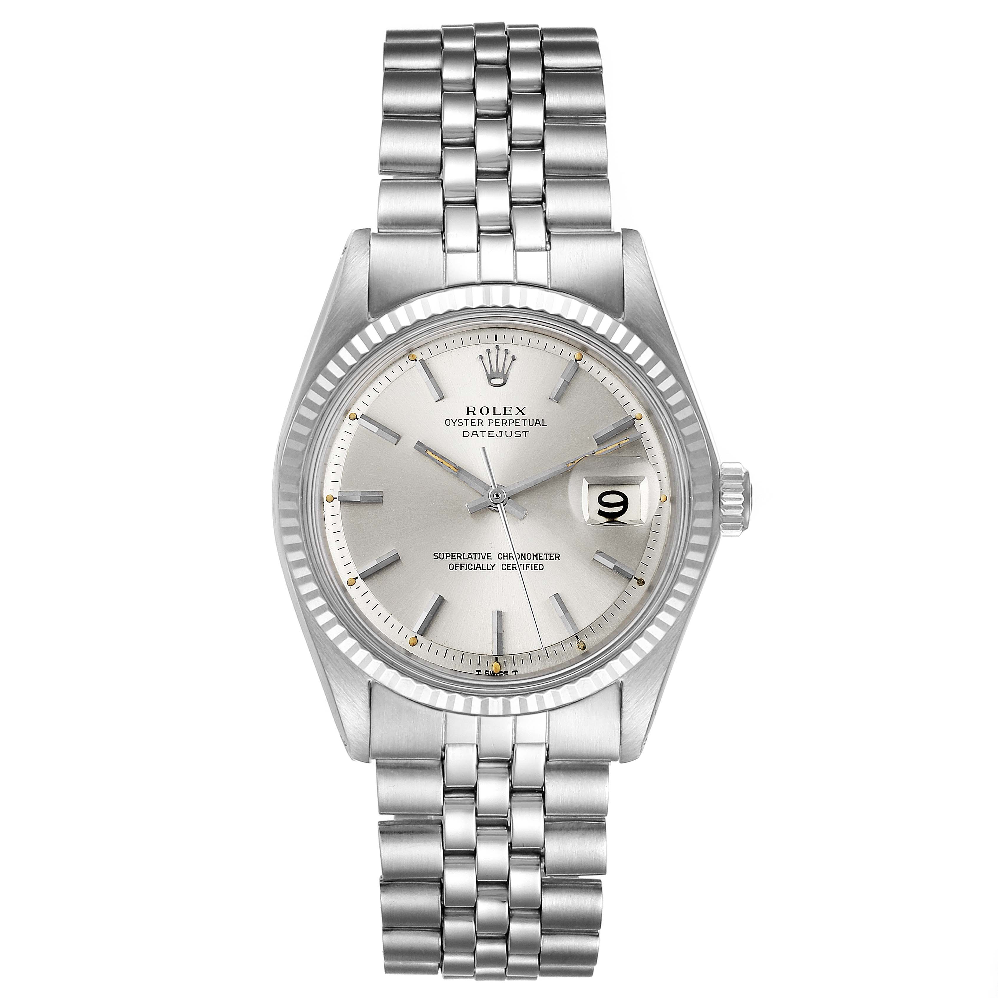 The image shows a frontal view of a Rolex Vintage Collection 1601 Men
s Stainless Steel Silver Dial 1601 Men
s Stainless Steel Silver Dial Oyster Perpetual Datejust watch, highlighting the dial, bezel, and bracelet.
