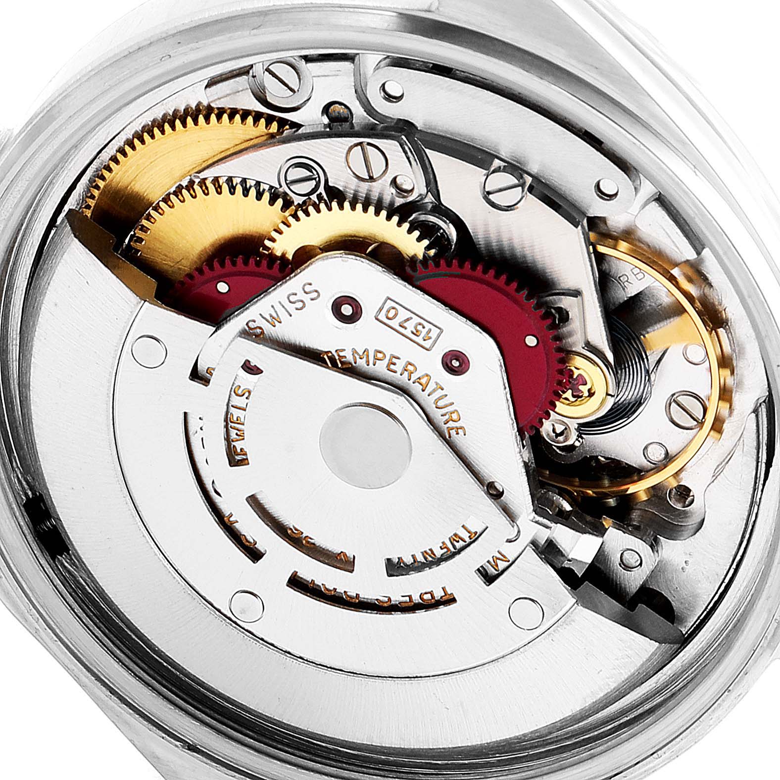The image shows the internal mechanics of a Rolex Vintage Collection 1601 Men
s Stainless Steel Silver Dial 1601 Men
s Stainless Steel Silver Dial watch, focusing on the movement and gears from a close-up angle.