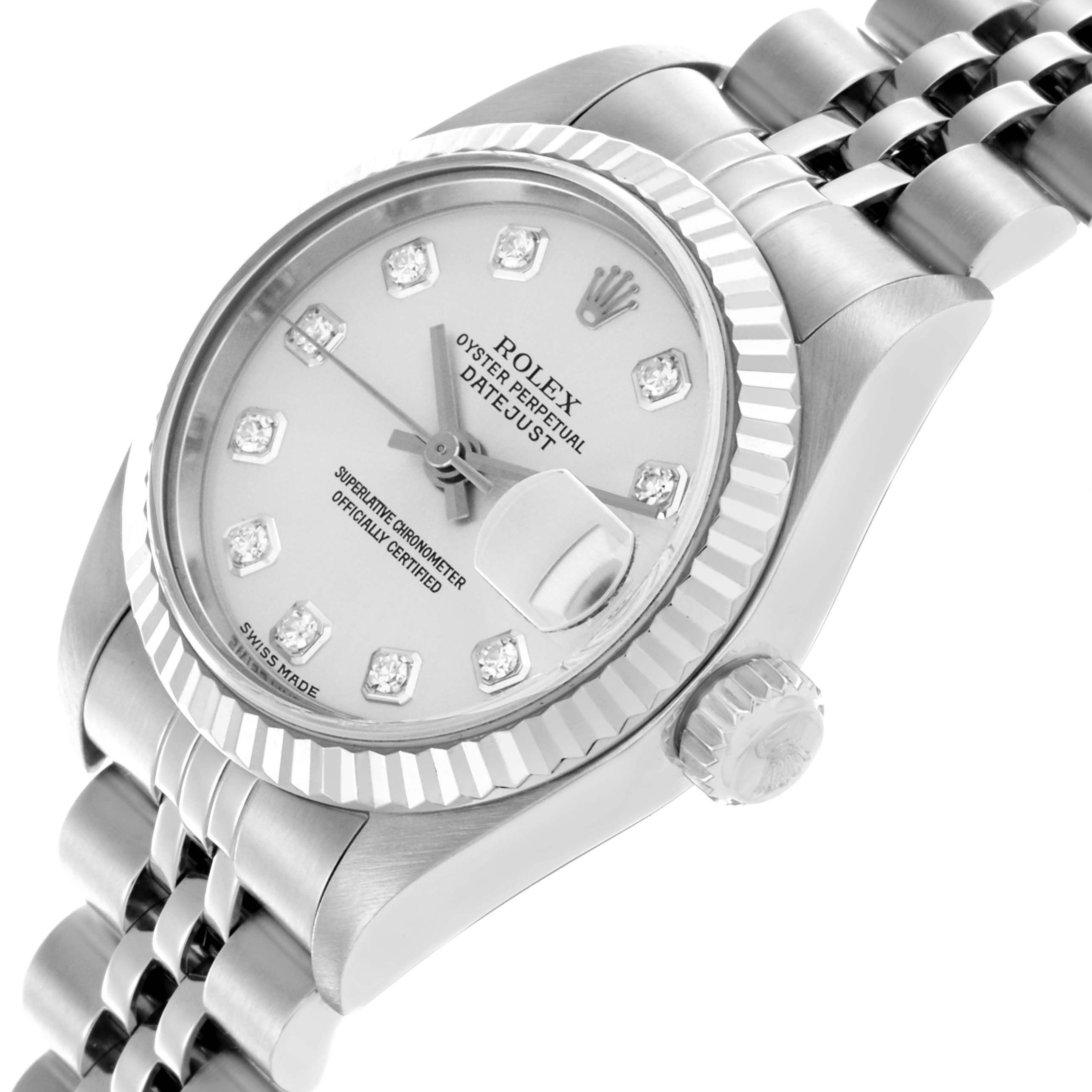 The Rolex Datejust 79174 Women's Stainless Steel Silver Dial 79174 Women's Stainless Steel Silver Dial watch is shown from a three-quarter angle highlighting the dial, bezel, and Jubilee bracelet.
