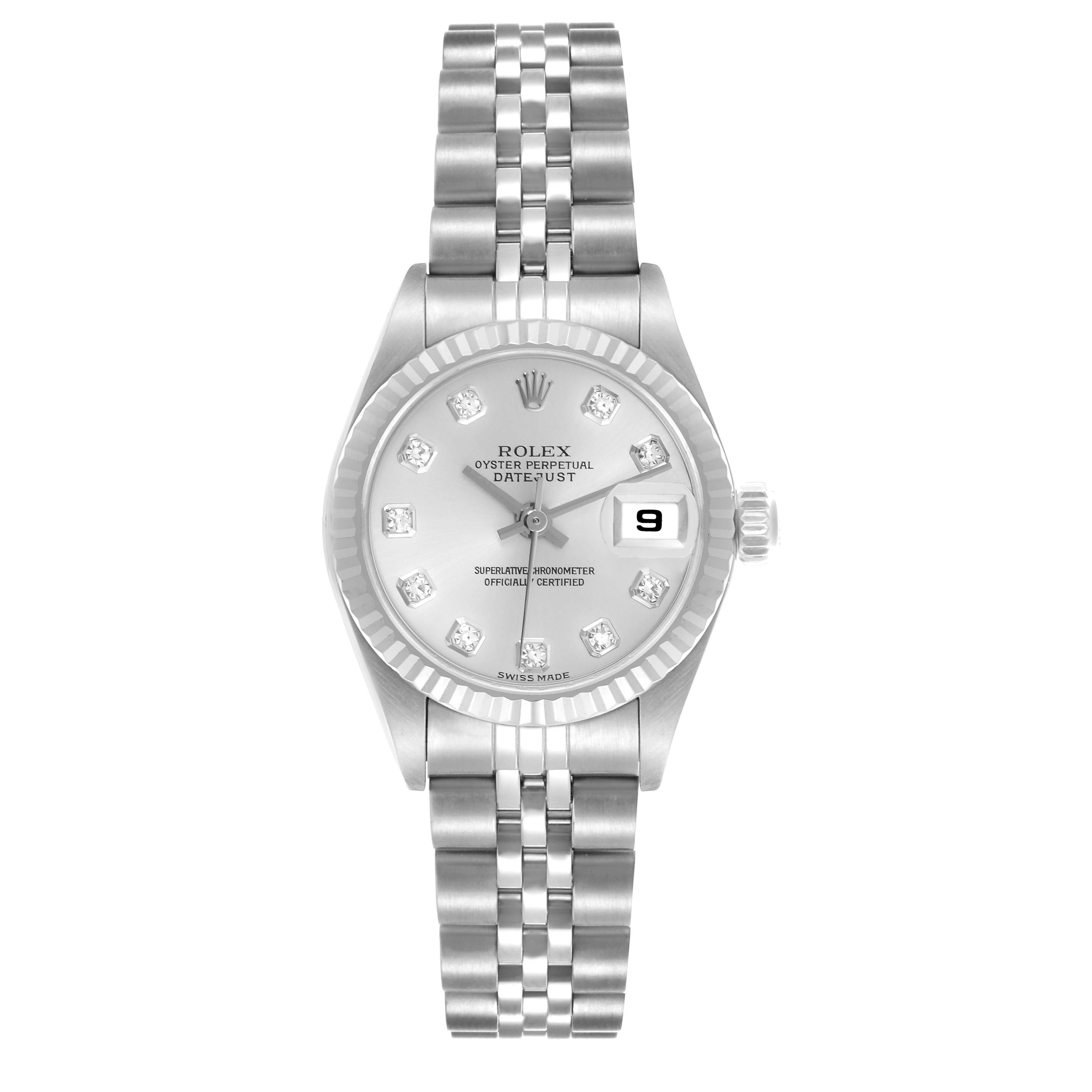 The Rolex Datejust 79174 Women's Stainless Steel Silver Dial 79174 Women's Stainless Steel Silver Dial watch is shown from a top-down angle, displaying its dial, bezel, bracelet, and date window.