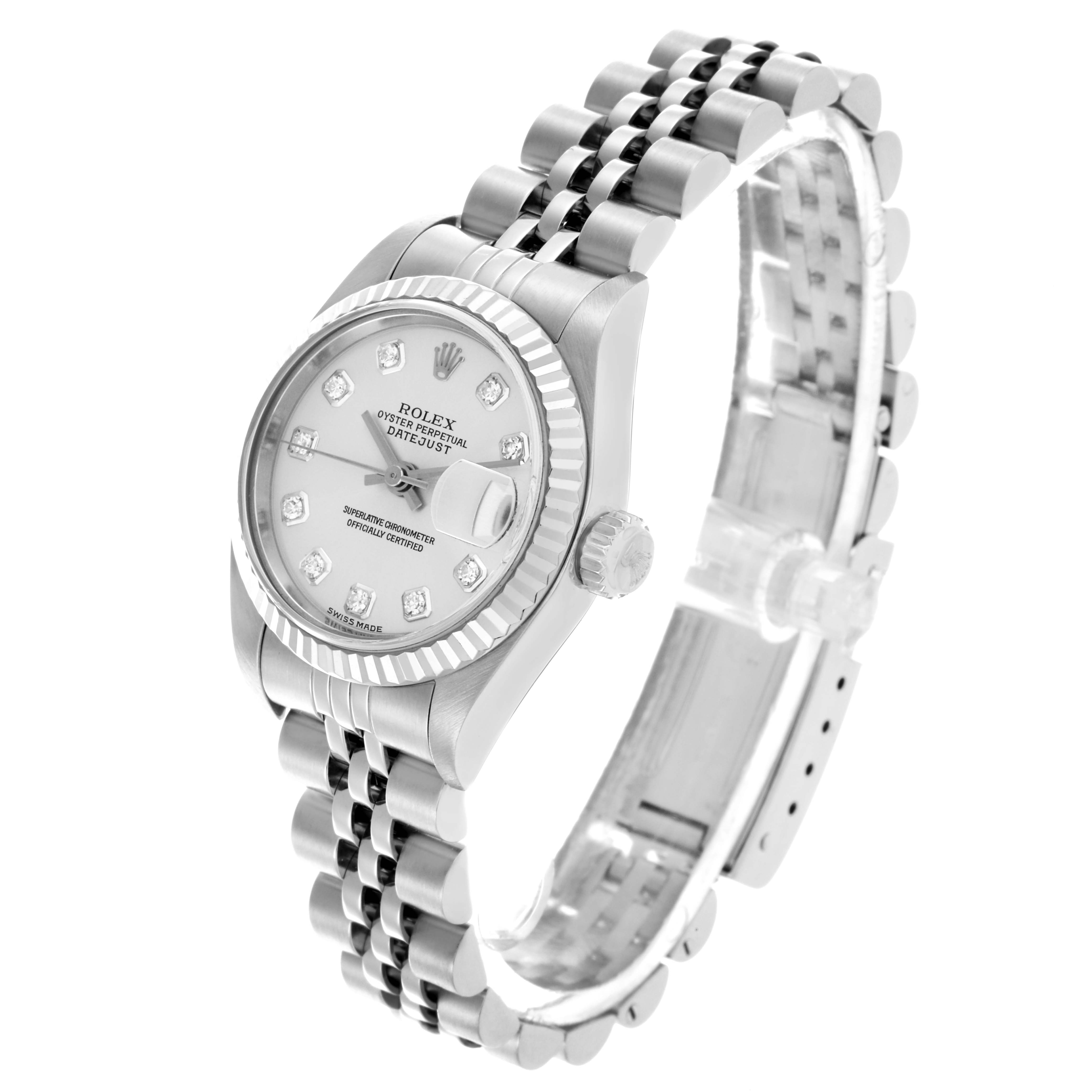 The image shows a Rolex Datejust 79174 Women's Stainless Steel Silver Dial 79174 Women's Stainless Steel Silver Dial watch at an angled side view, highlighting its dial, fluted bezel, and Jubilee bracelet.