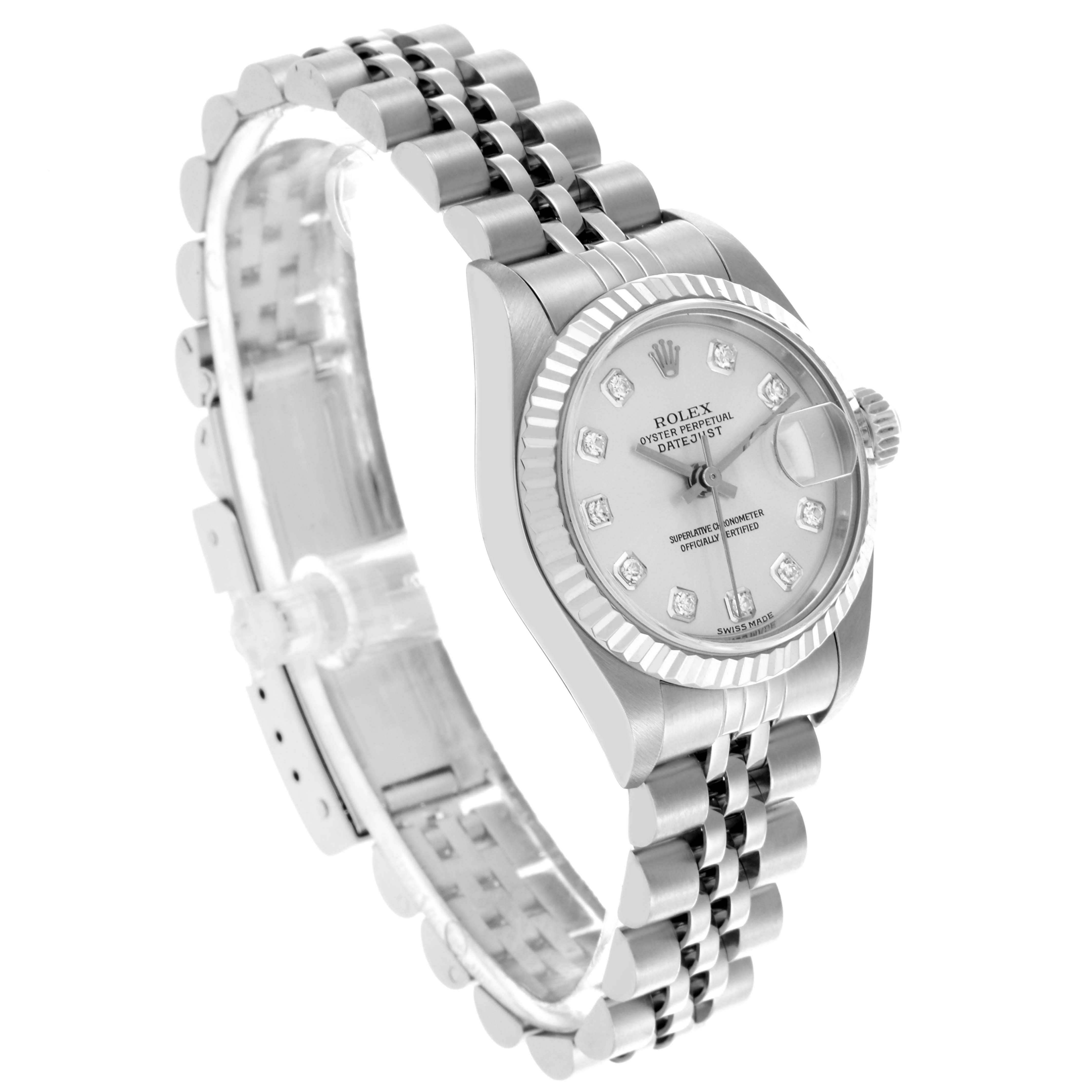 The Rolex Datejust 79174 Women's Stainless Steel Silver Dial 79174 Women's Stainless Steel Silver Dial watch is shown at a slight angle, highlighting the case, dial, bracelet, and fluted bezel.